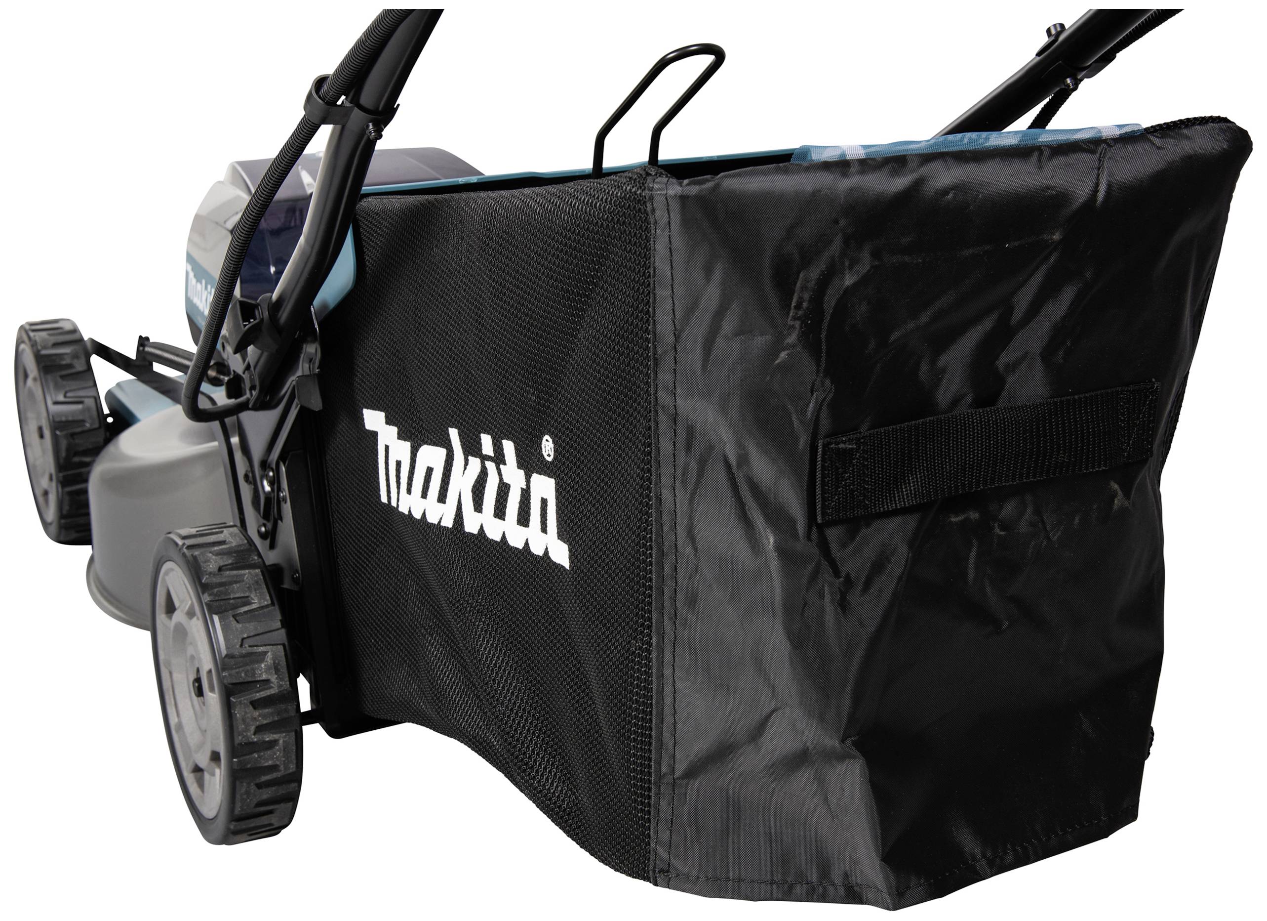 Lawnmower with a black grass collection bag and white lettering. The mower has large wheels and a sturdy frame.