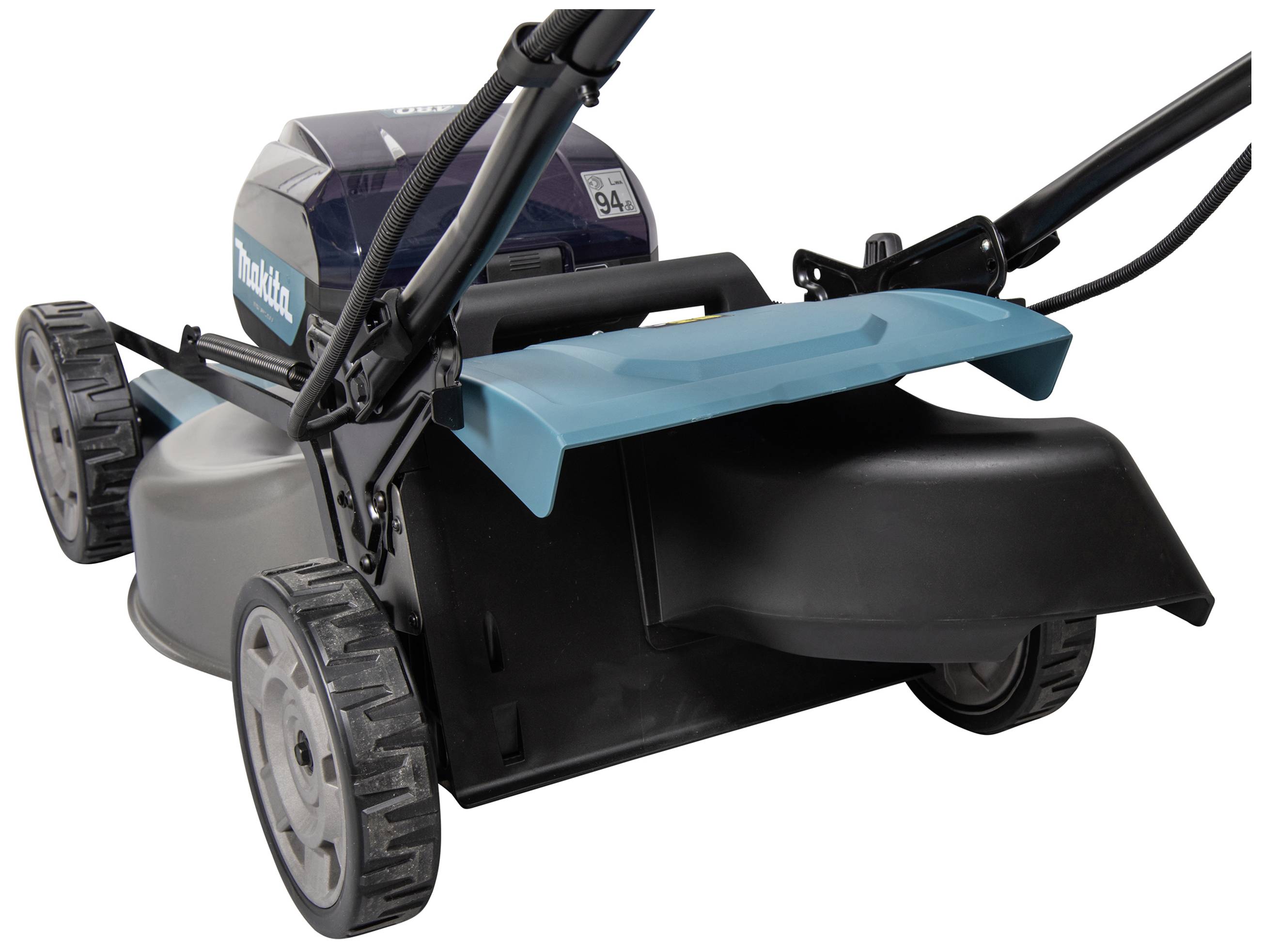 Lawnmower with a blue casing, four wheels, and an ergonomic handle.