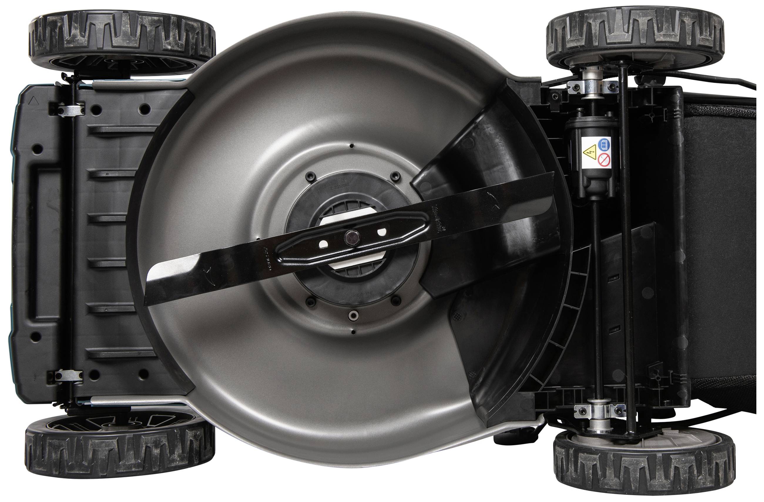 Underside of a lawnmower with visible metal blade and lawn wheels.