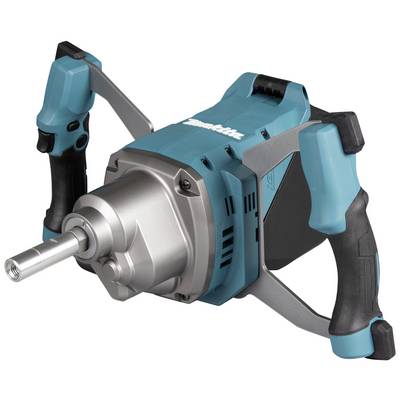 Hand mixer in blue and black with a robust metal casing, ergonomic handles, and a rotating mixing head.