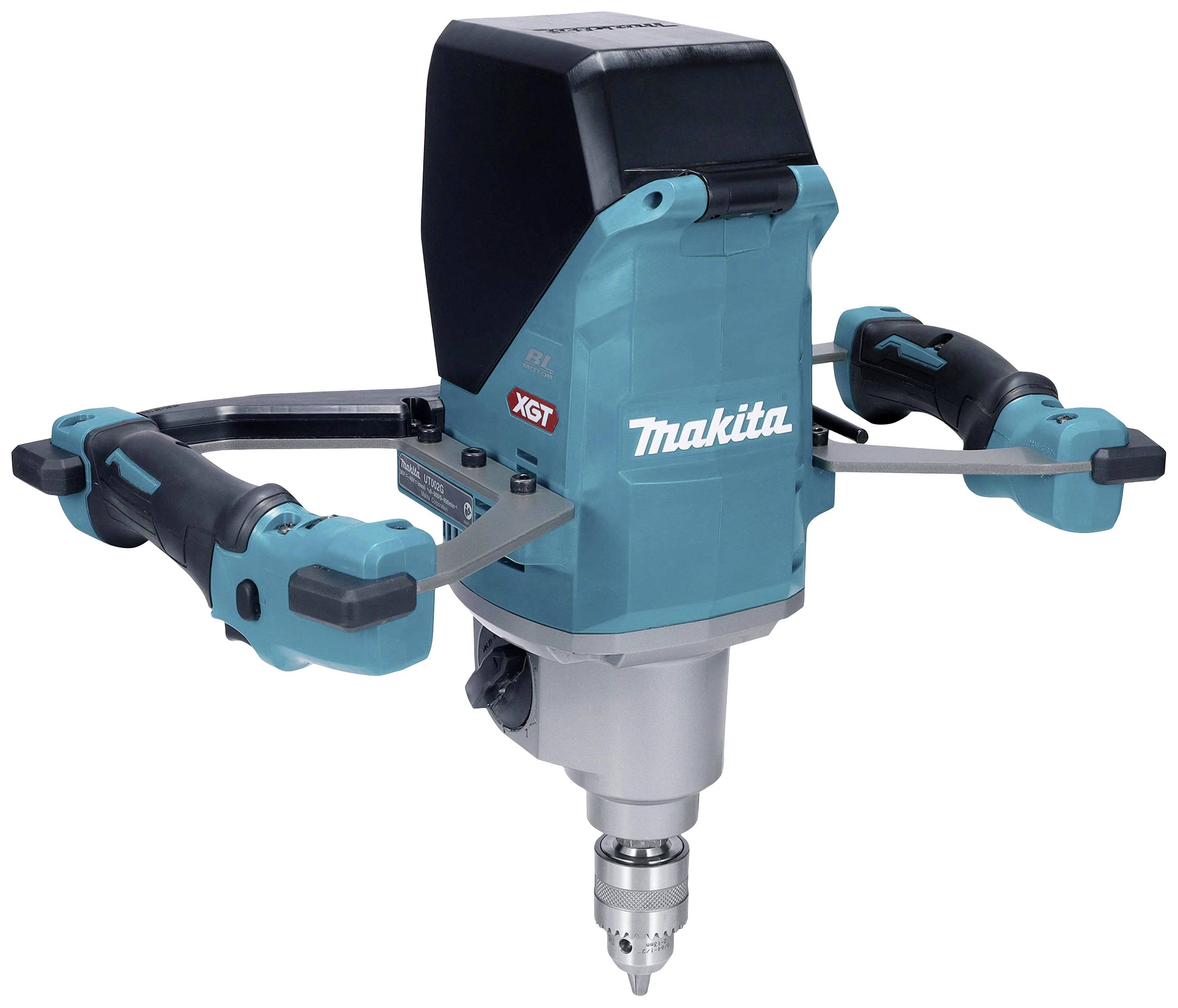 Cordless drill with two handles, in blue and black, 'Makita' brand visible on the casing.