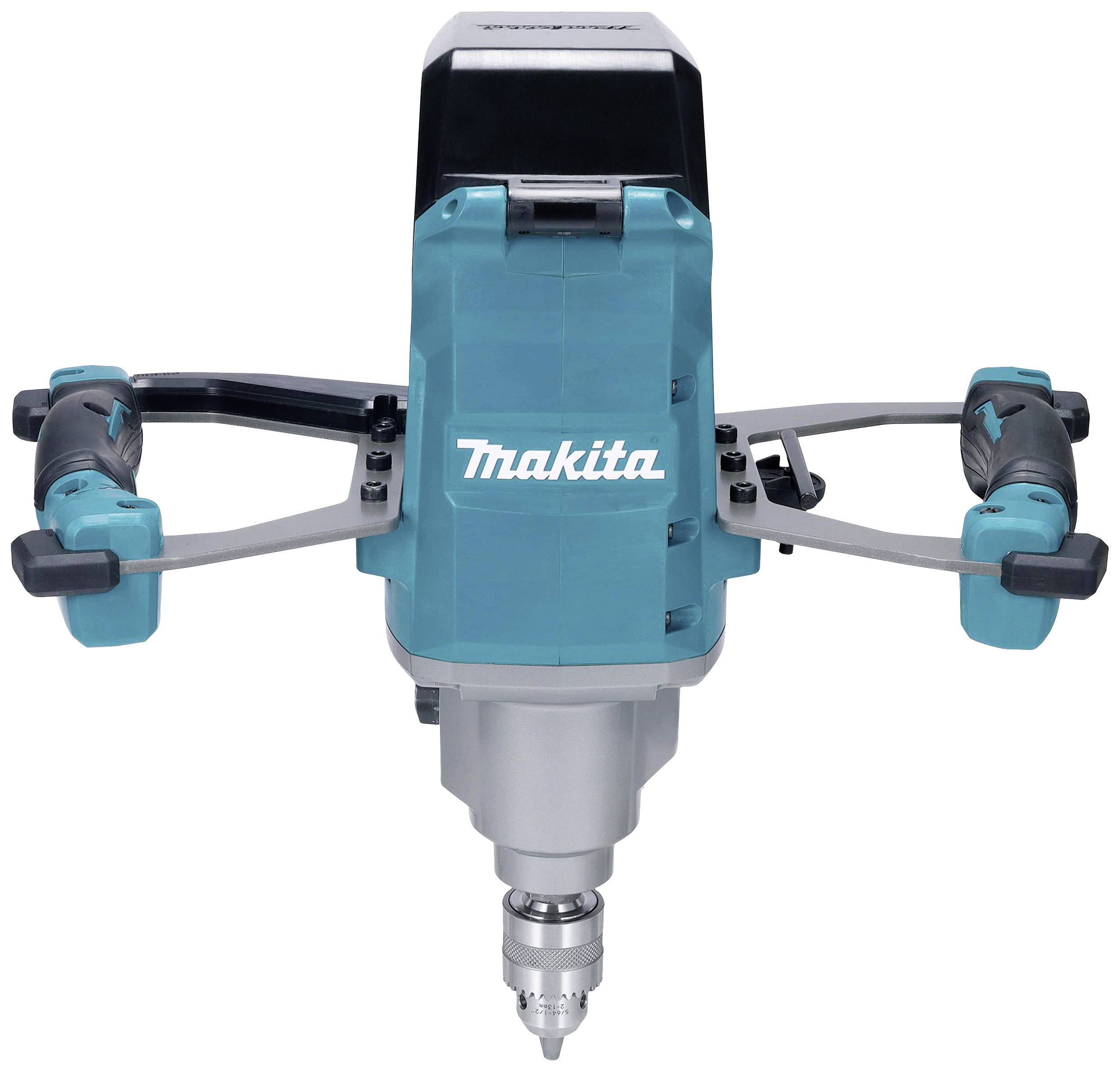 A blue-black electric power tool with two side handles, presumably a drill hammer, with the brand name 'Makita'.