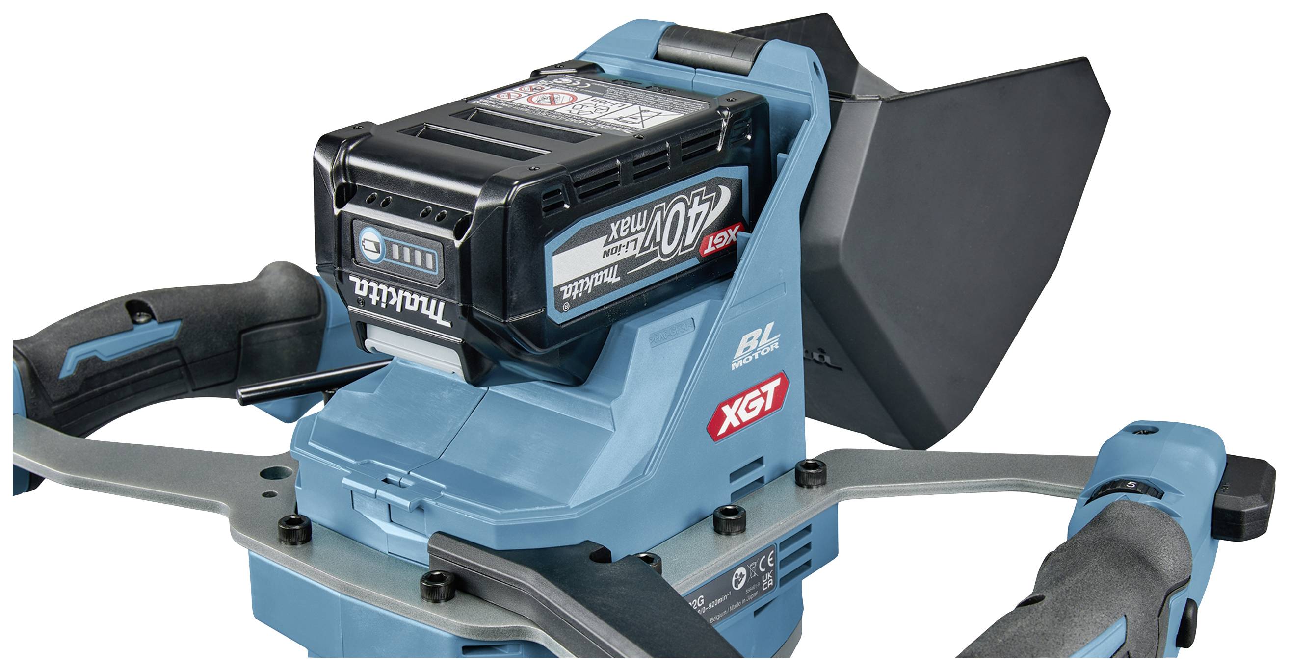 A blue cordless drill with a black battery and handles, model 'XGT 40V'.