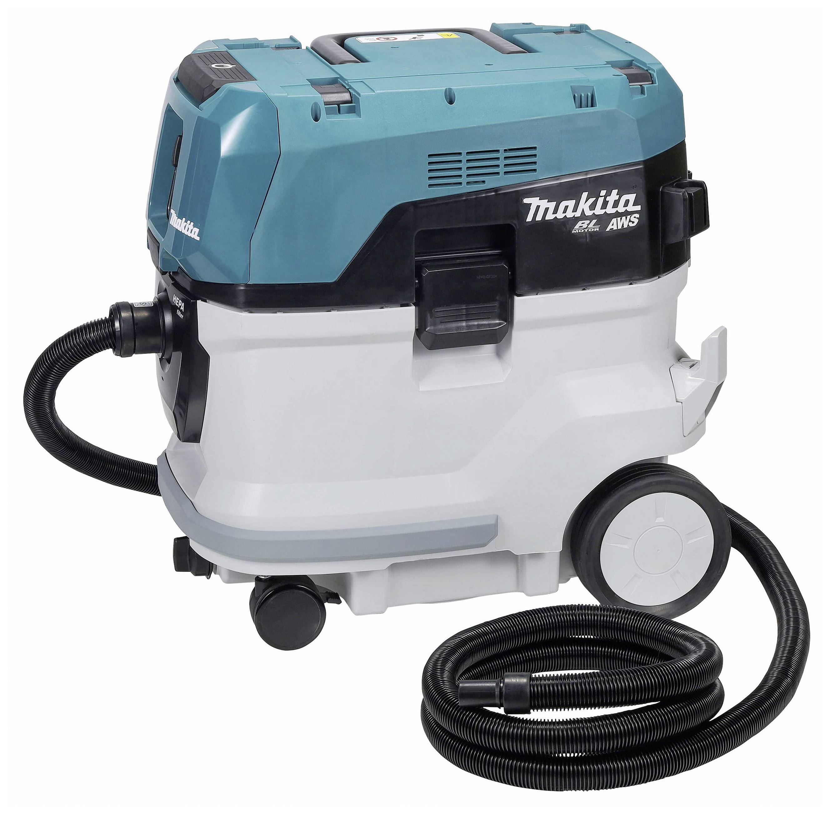 A blue and white industrial vacuum cleaner with wheels and a flexible suction hose. Marked with the 'Makita' logo.