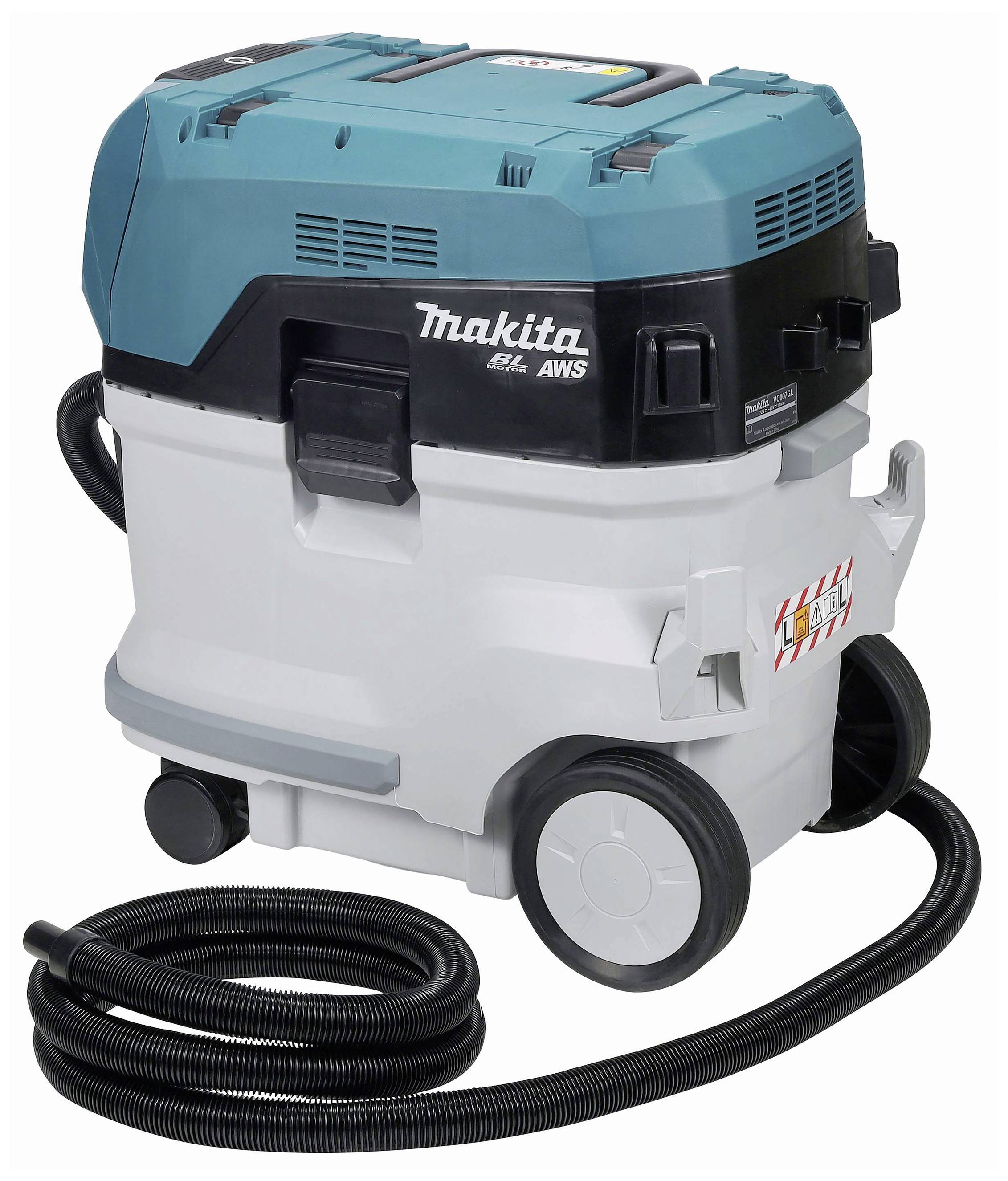 'Makita vacuum cleaner with blue and grey casing, four wheels and a black hose. Model designation on the top surface.'