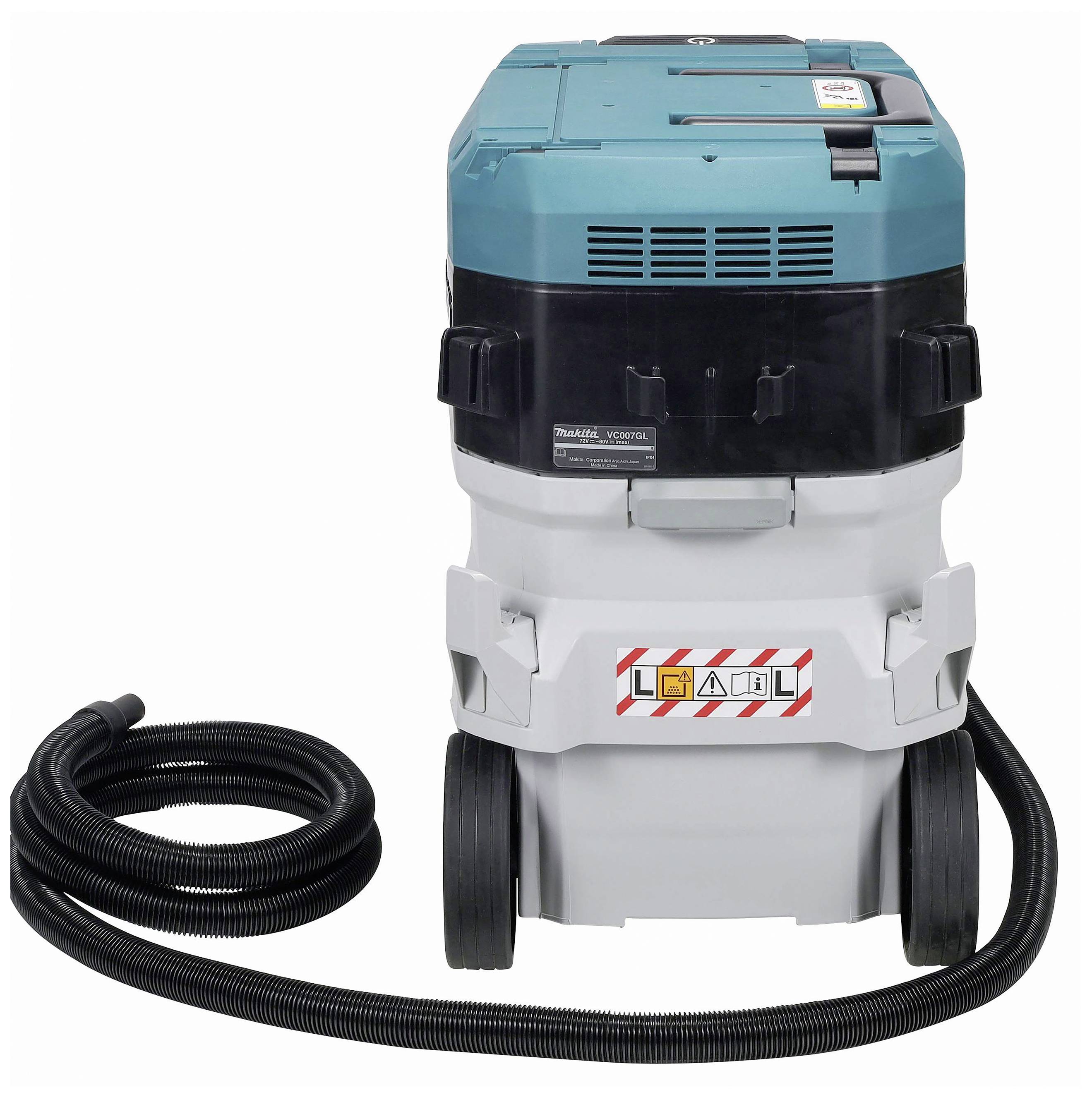 Industrial vacuum cleaner on wheels, with blue casing and black hose, suitable for professional cleaning applications.