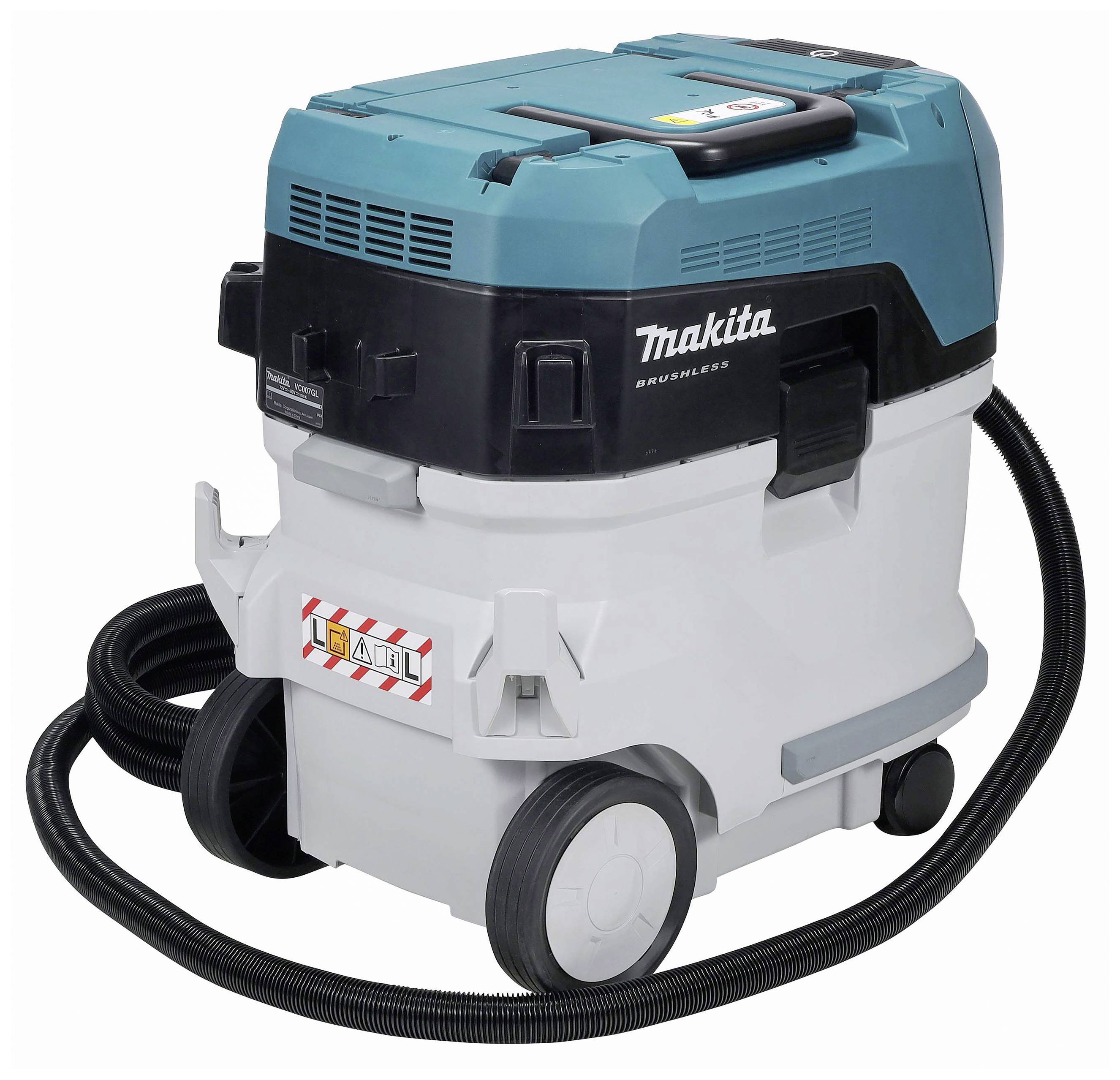An industrial vacuum cleaner in blue and white with wheels, suitable for construction or cleaning work, with a black hose.