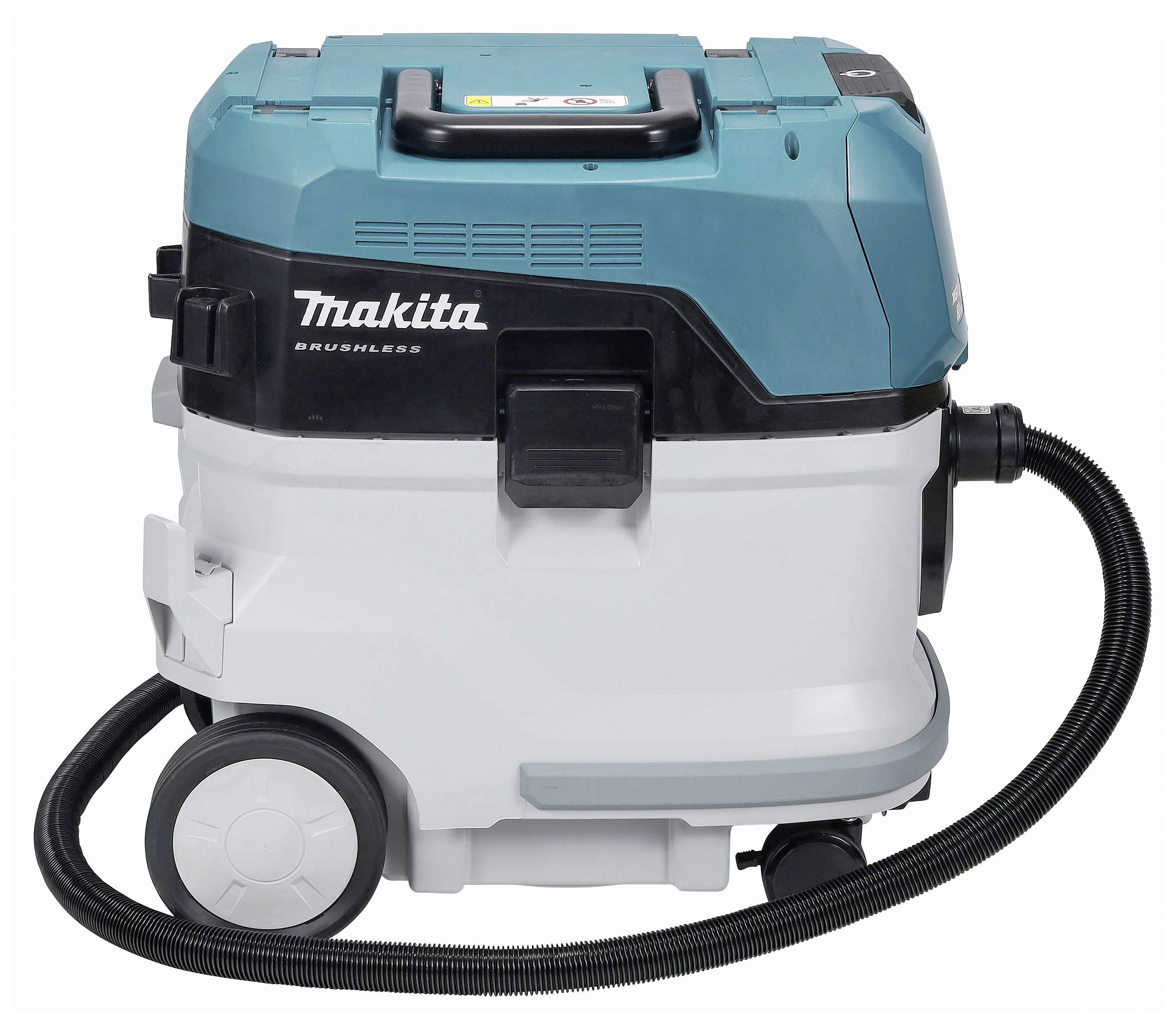 A blue and white vacuum cleaner with wheels and brushless technology, manufactured by Makita.