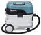 A blue and white vacuum cleaner with wheels and brushless technology, manufactured by Makita.