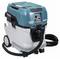 Blue and white vacuum cleaner with large hose and wheels, suitable for industrial cleaning.