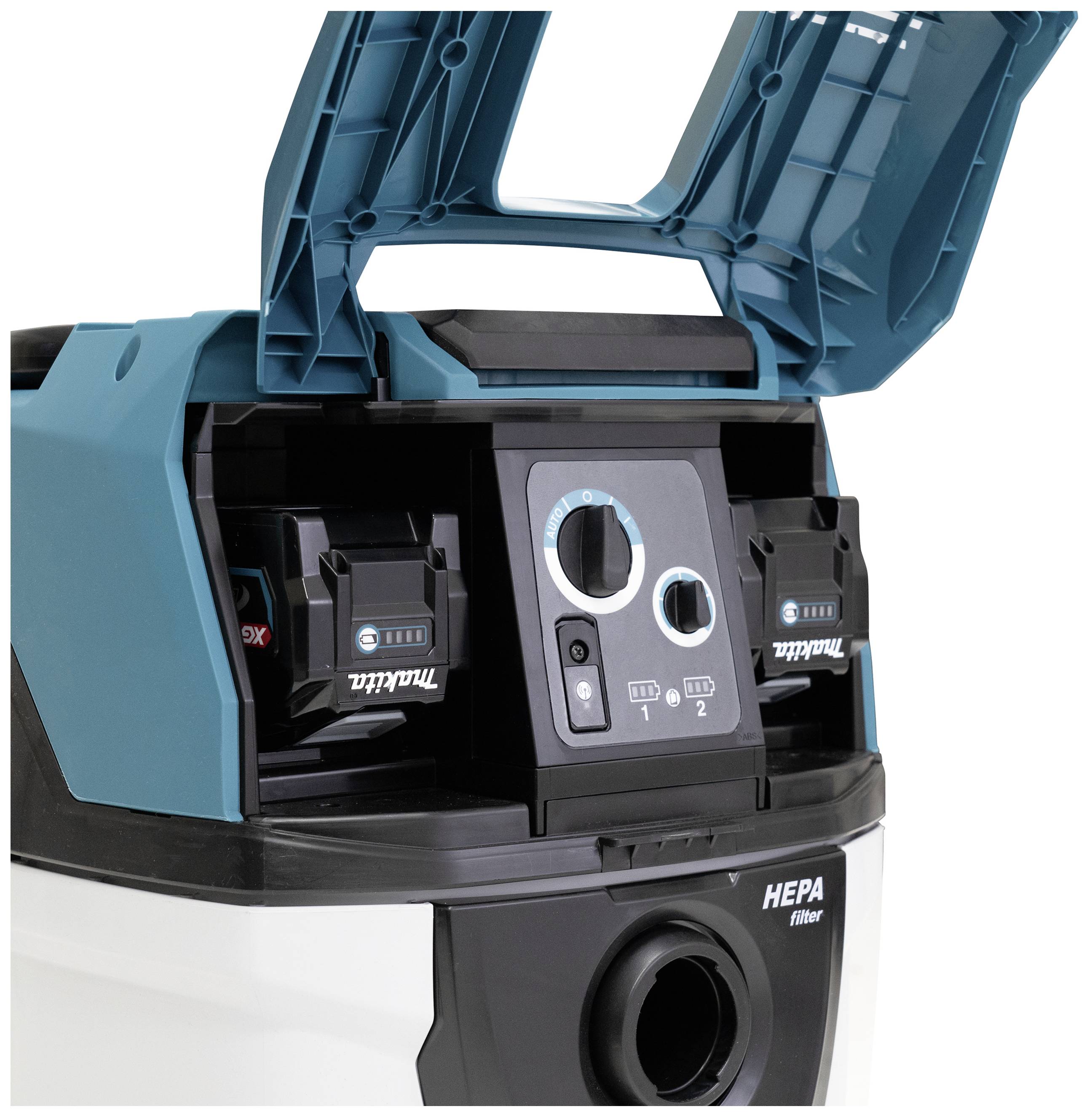 A vacuum cleaner with an open lid, two charging compartments with batteries, control panel with rotary dial, and HEPA filter system.