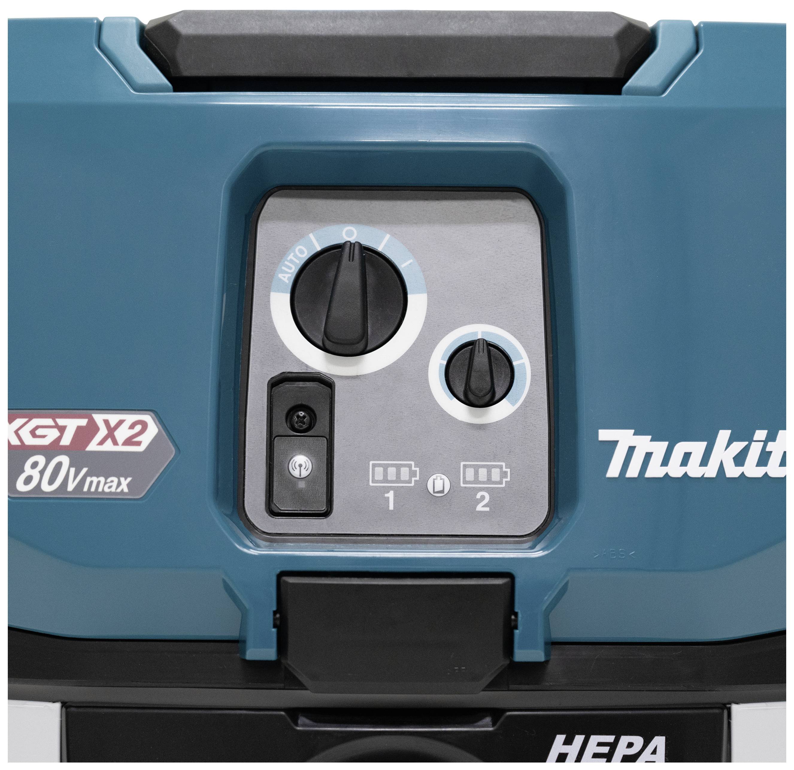 Control panel of an industrial device with two rotary knobs, a switch and a charge status indicator. Brand and model are visible.