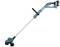 A blue electric lawn trimmer with a long handle and black cutting head, suitable for trimming grass in small gardens.
