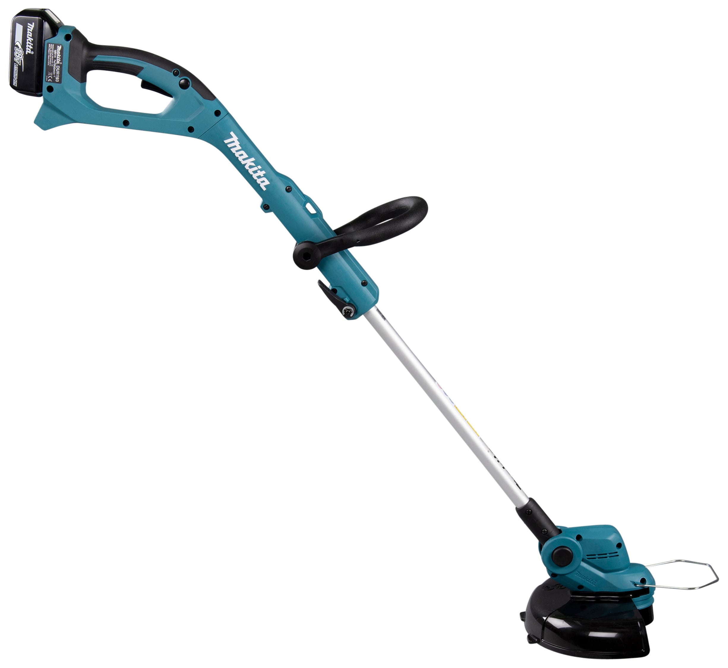 A blue cordless lawn trimmer with an ergonomic design and black cutting head, suitable for precise gardening work.