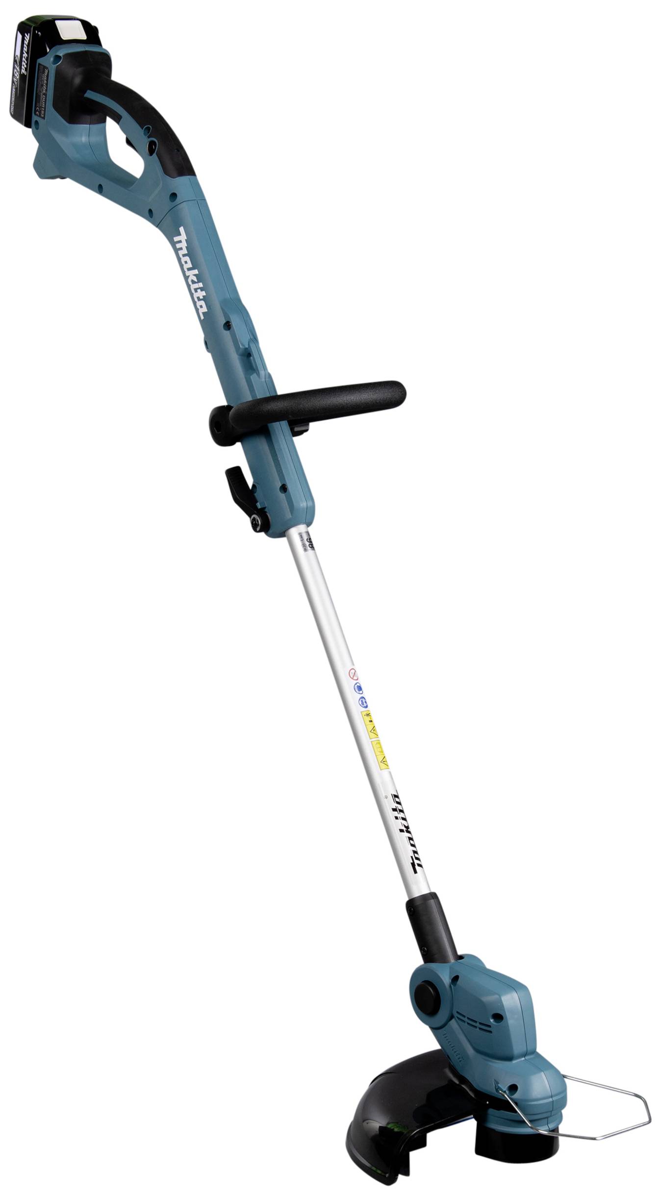Electric lawn trimmer with a blue casing and black cutting head. Suitable for precise grass trimming in hard-to-reach areas.