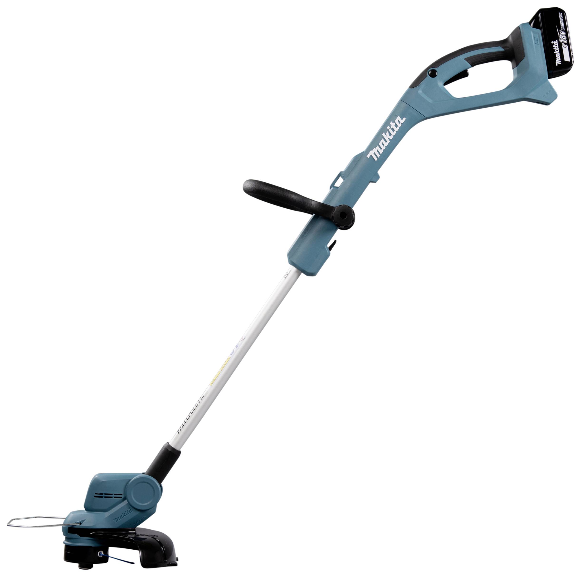 Cordless, blue lawn trimmer with an ergonomic handle. Suitable for precise grass cutting in hard-to-reach areas.
