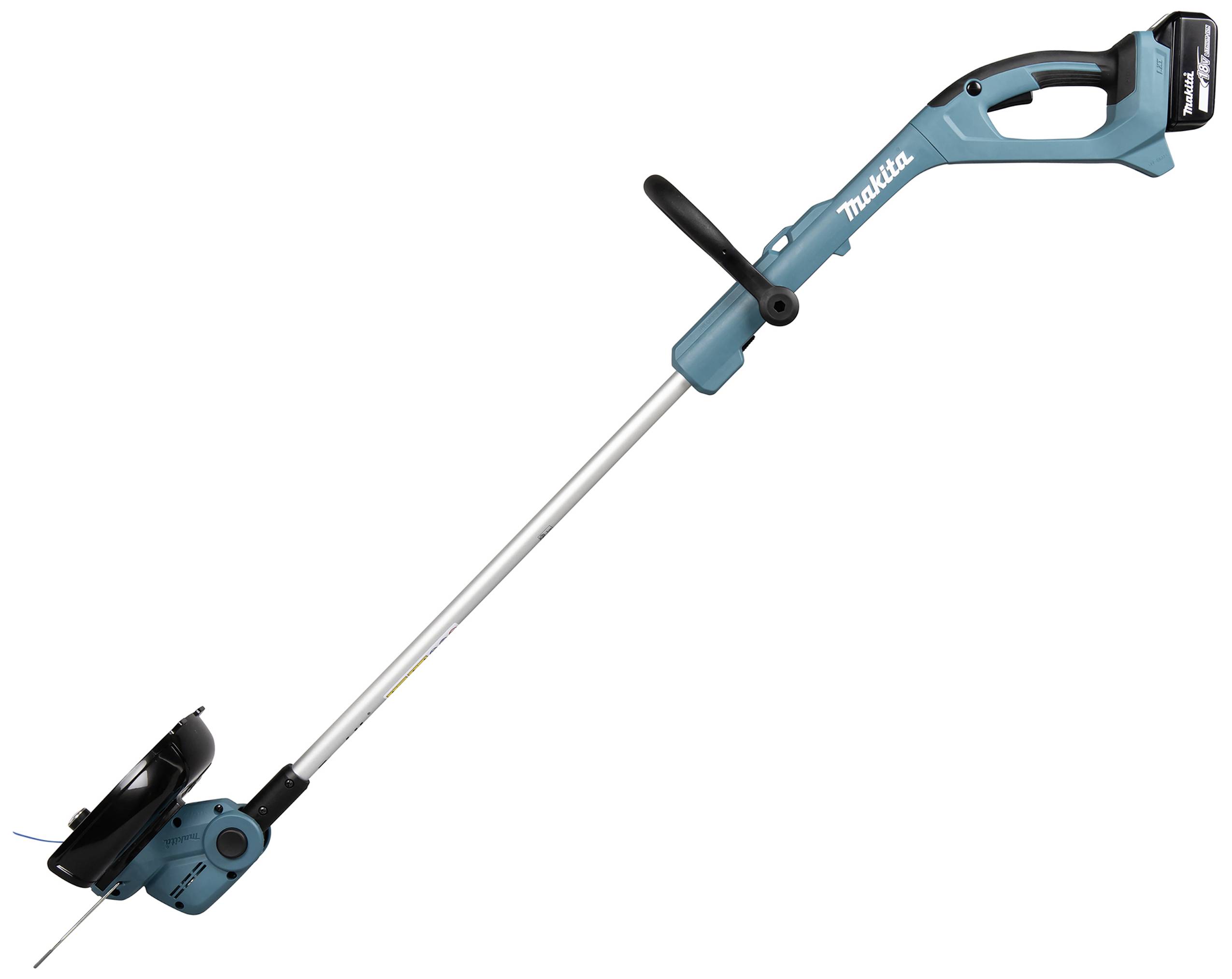 Battery-powered lawn trimmer with a blue casing and black handle. Long, silver-coloured rod design with a trimmer head at the end.
