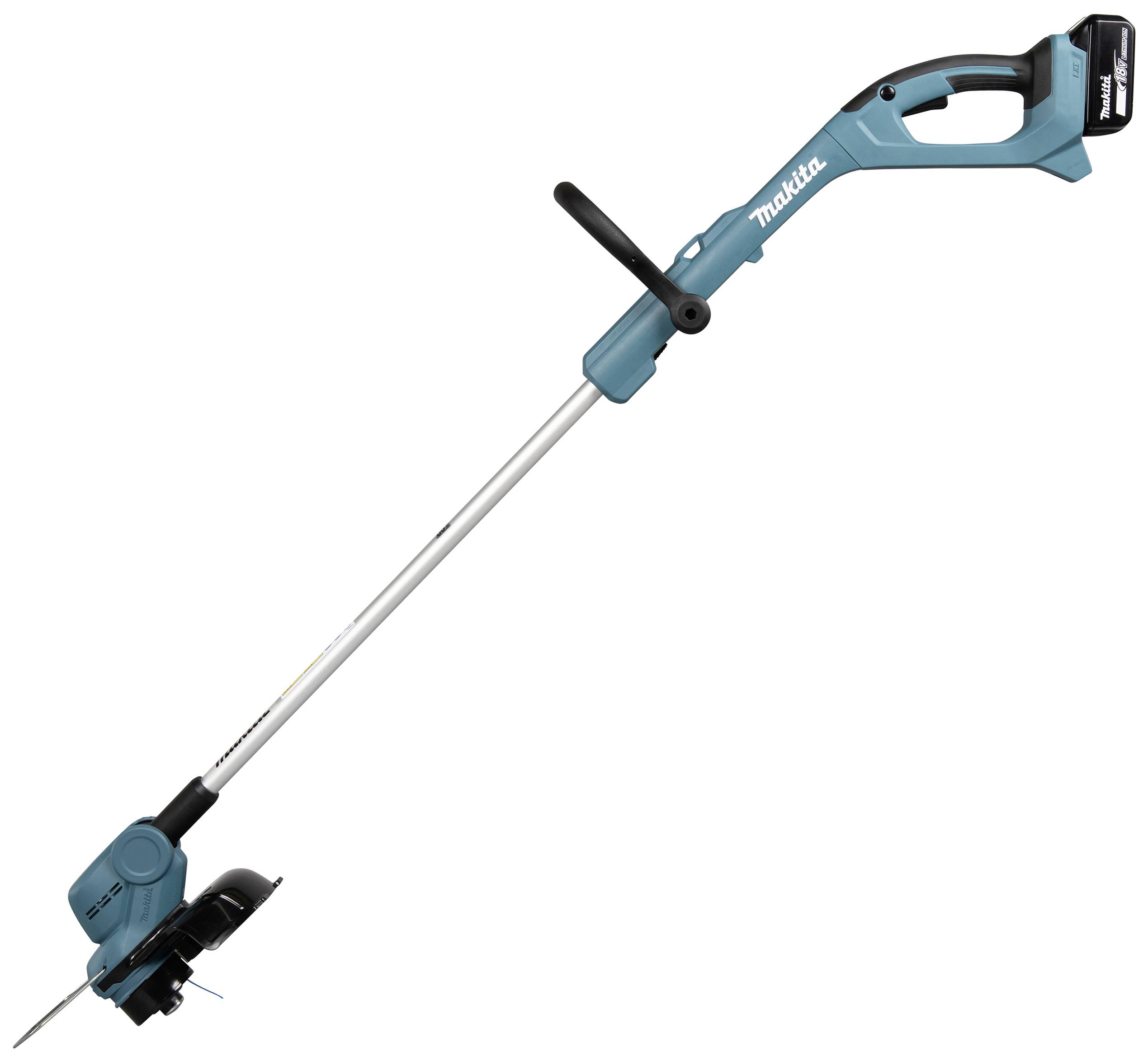 Battery-powered lawn trimmer with a blue handle and black protective casing. Ideal for precise trimming of small lawn areas.