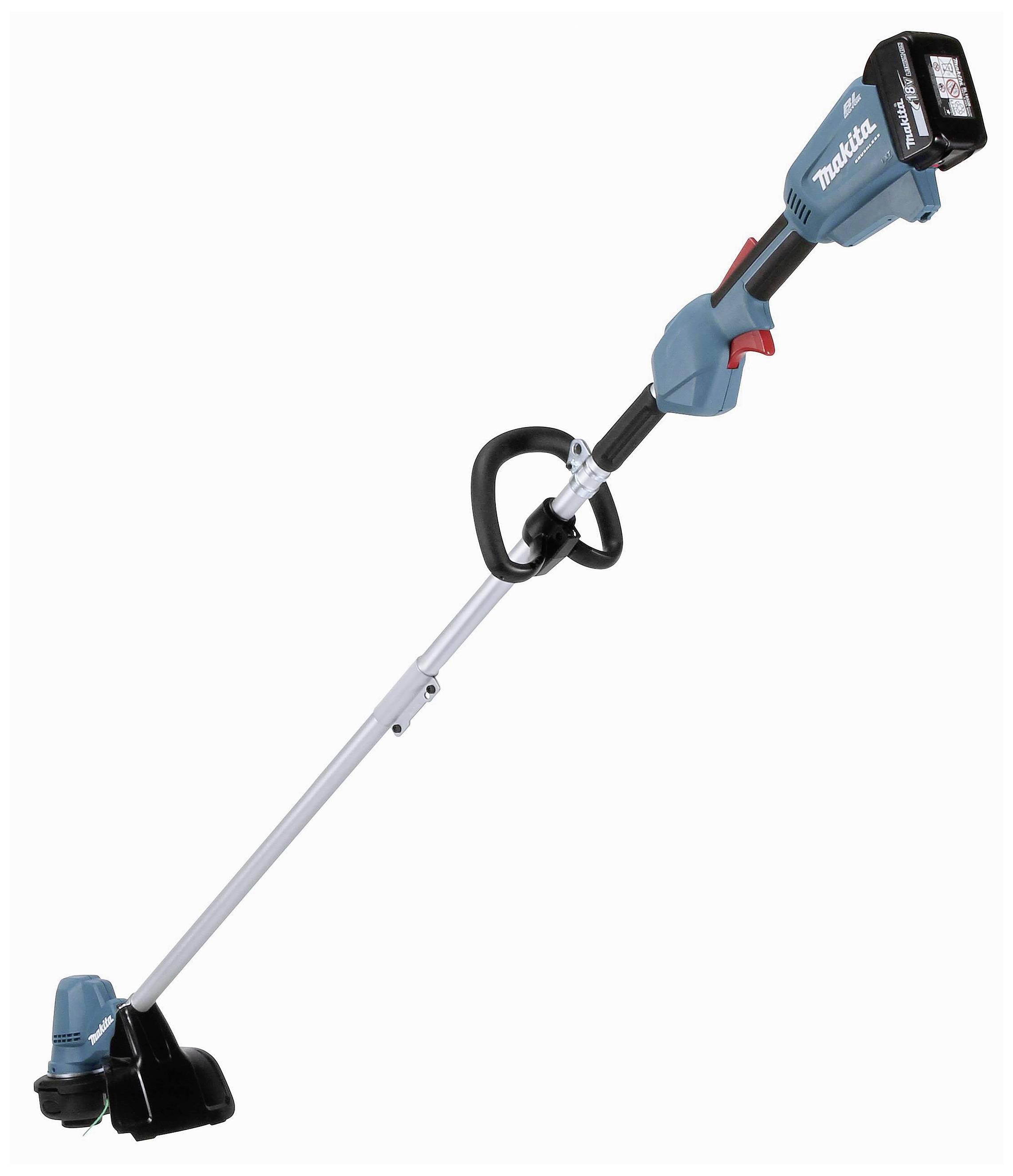 Cordless lawn trimmer in blue with a black cutting head and ergonomic handle, ideal for trimming lawn edges.