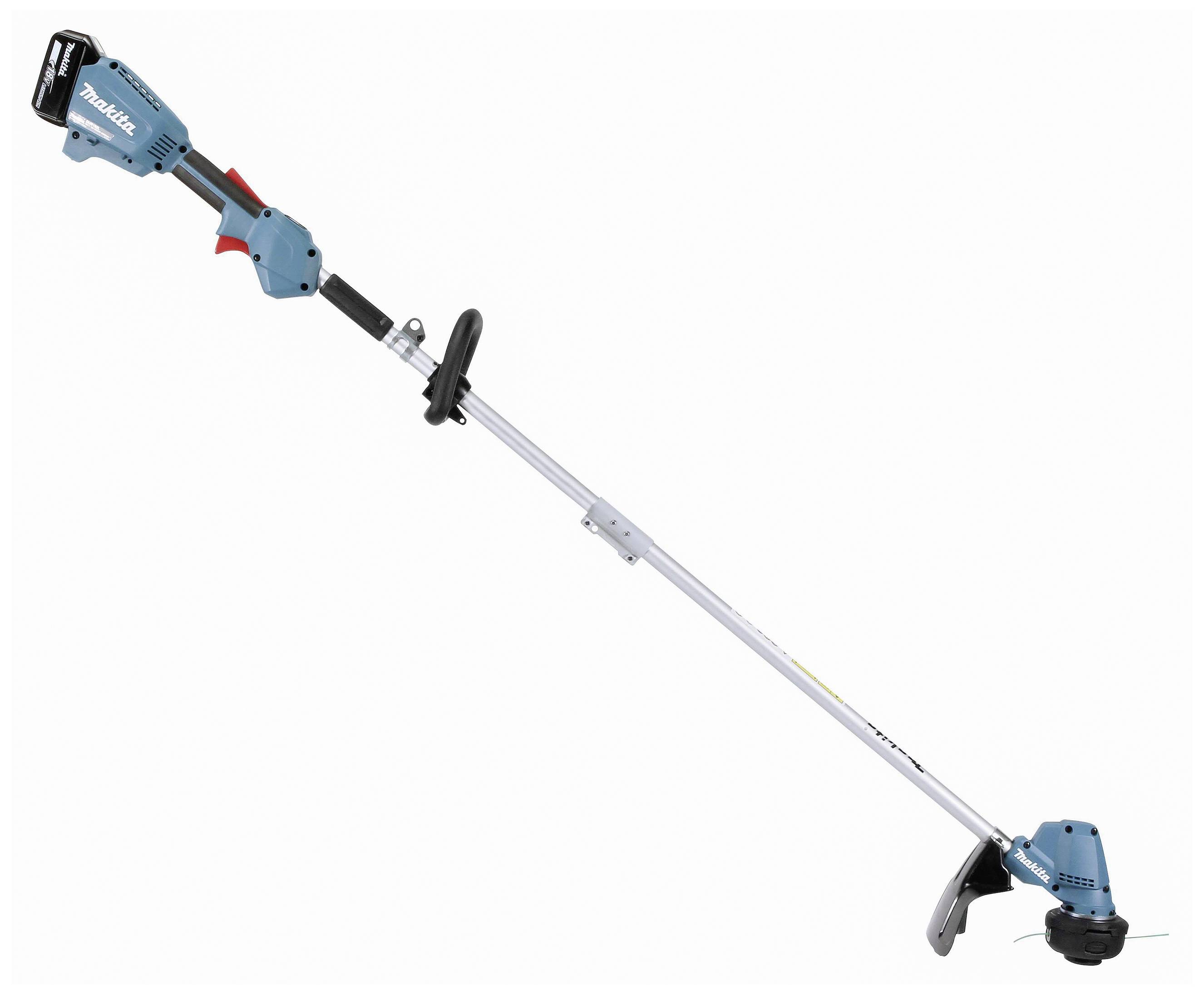 'Hand-held cordless electric lawn trimmer, with long shaft and blue motor spool.'