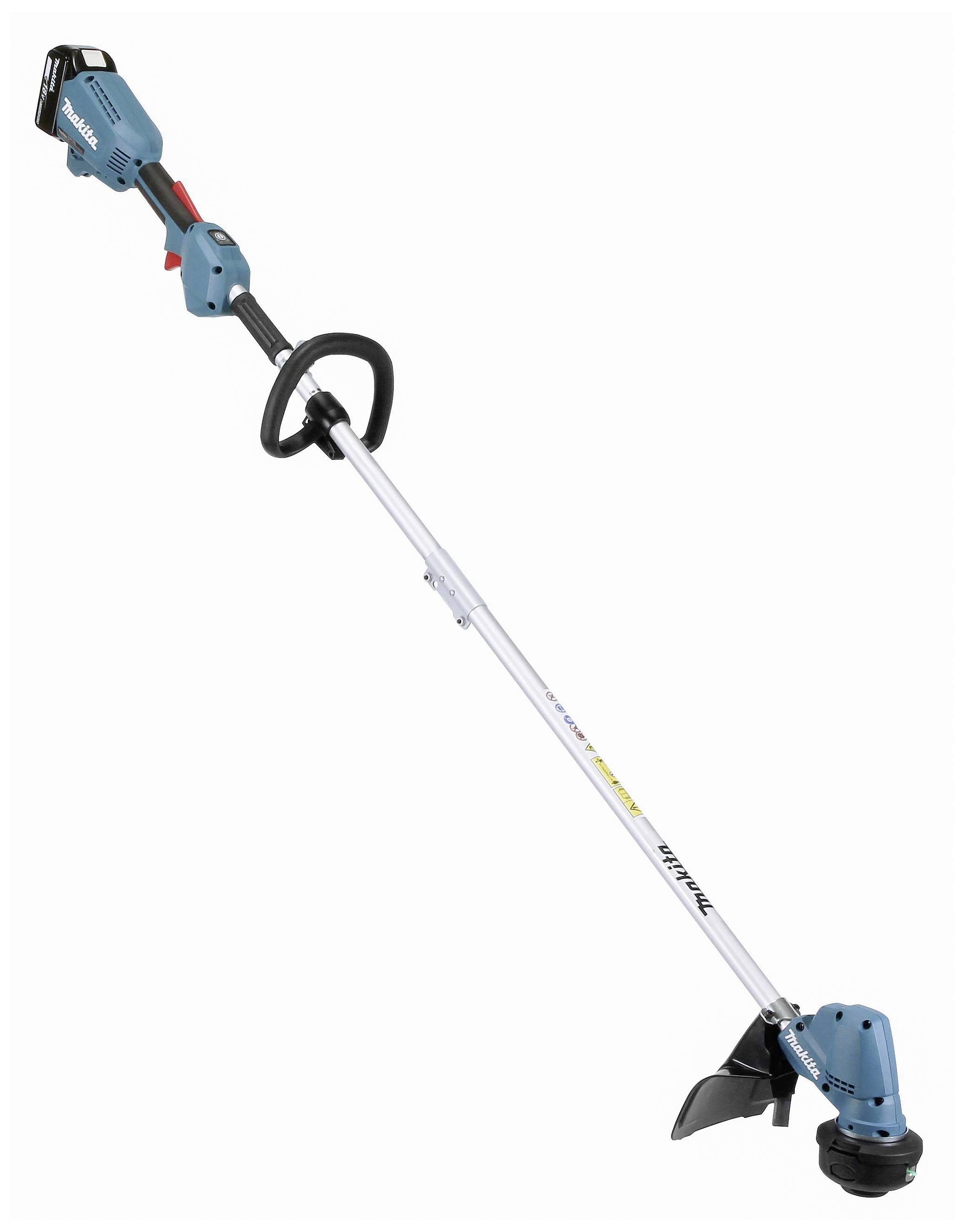 A blue, cordless lawn trimmer with a black handle and protective shield. Suitable for trimming grass in gardens or yards.