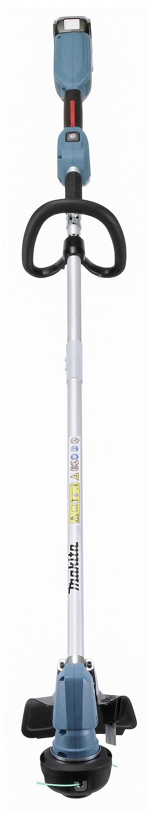 Battery-powered lawn trimmer with long handle and protective guard, blue-black, for precise grass cutting in gardens and lawns.