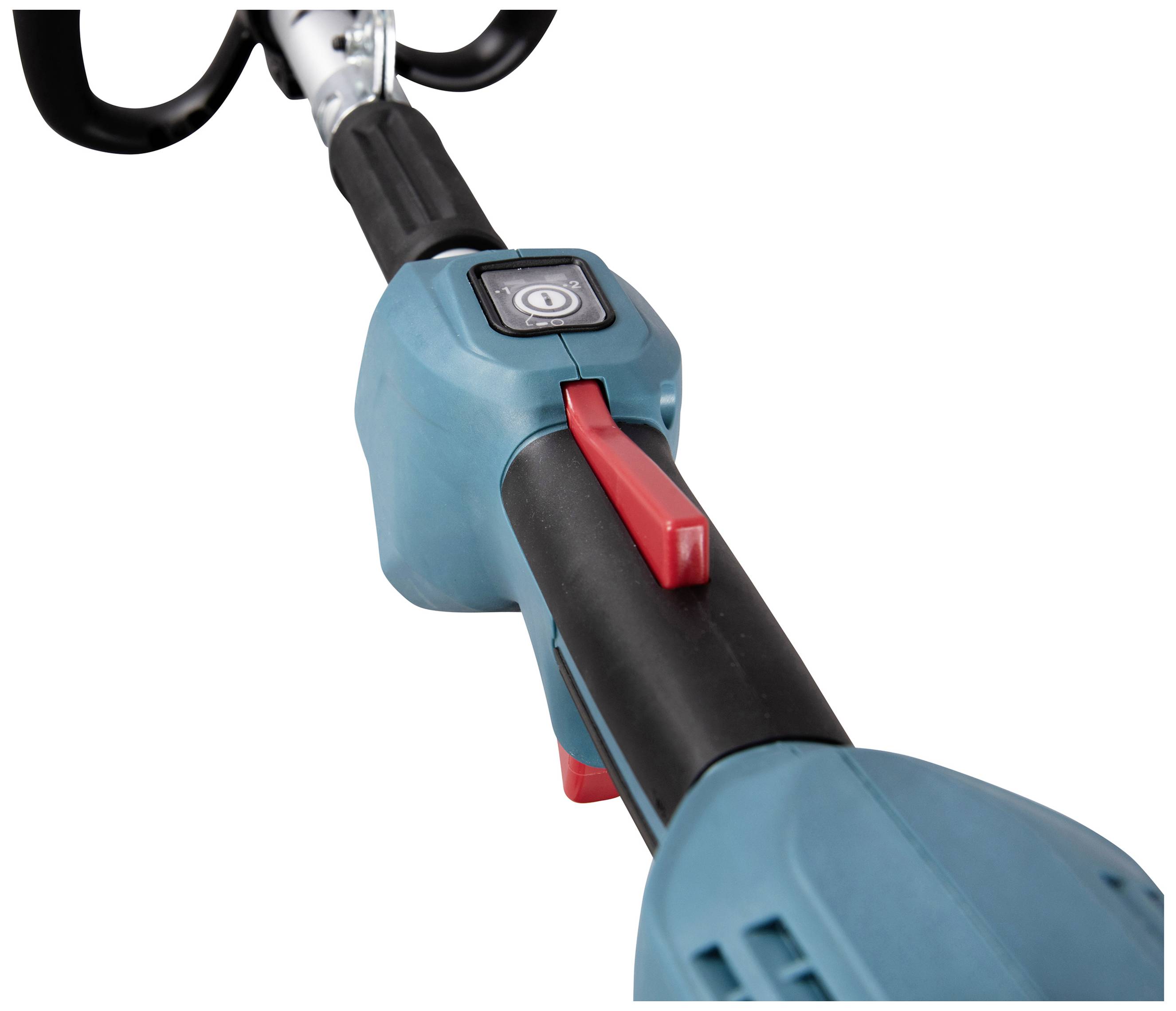 Timely close-up view of a blue electric garden tool with a red switch and a clearly visible on/off button.