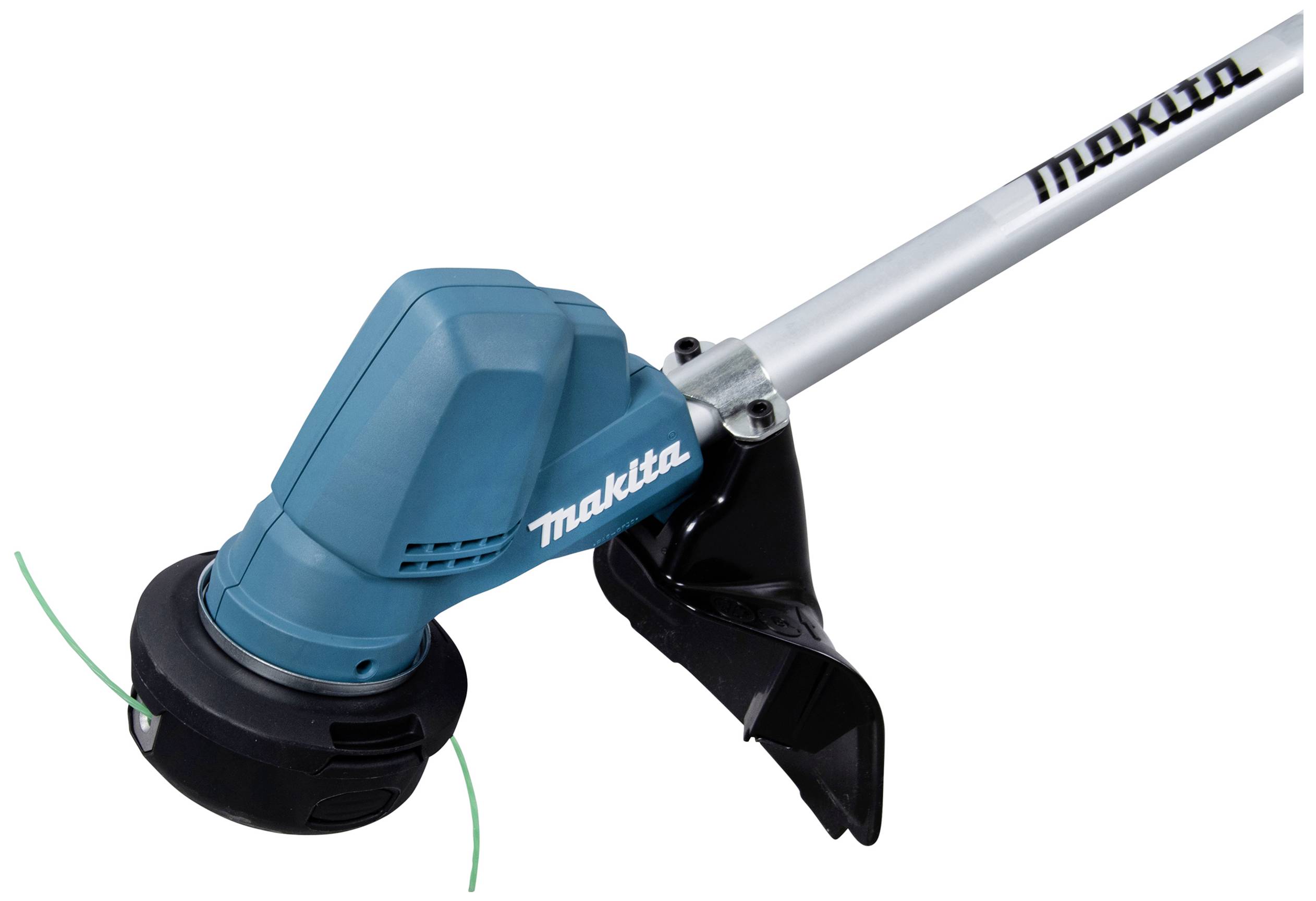 A cordless lawn trimmer with a blue casing and black guard, marked with the inscription 'makita'. Ideal for edging lawns.