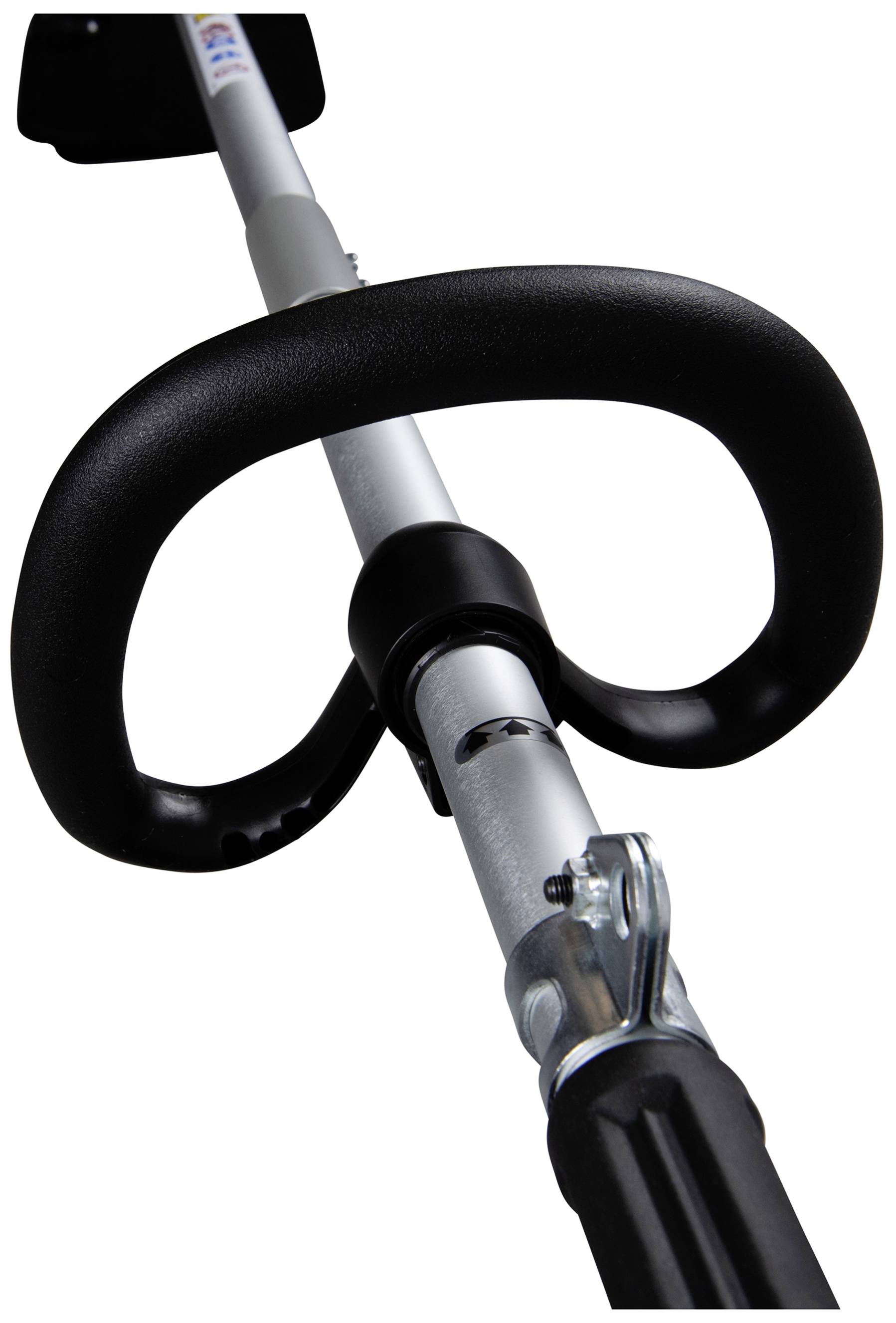 Garden tool with a black handle and silver shaft, identifiable as a trimmer or strimmer, for lawn and garden cutting work.