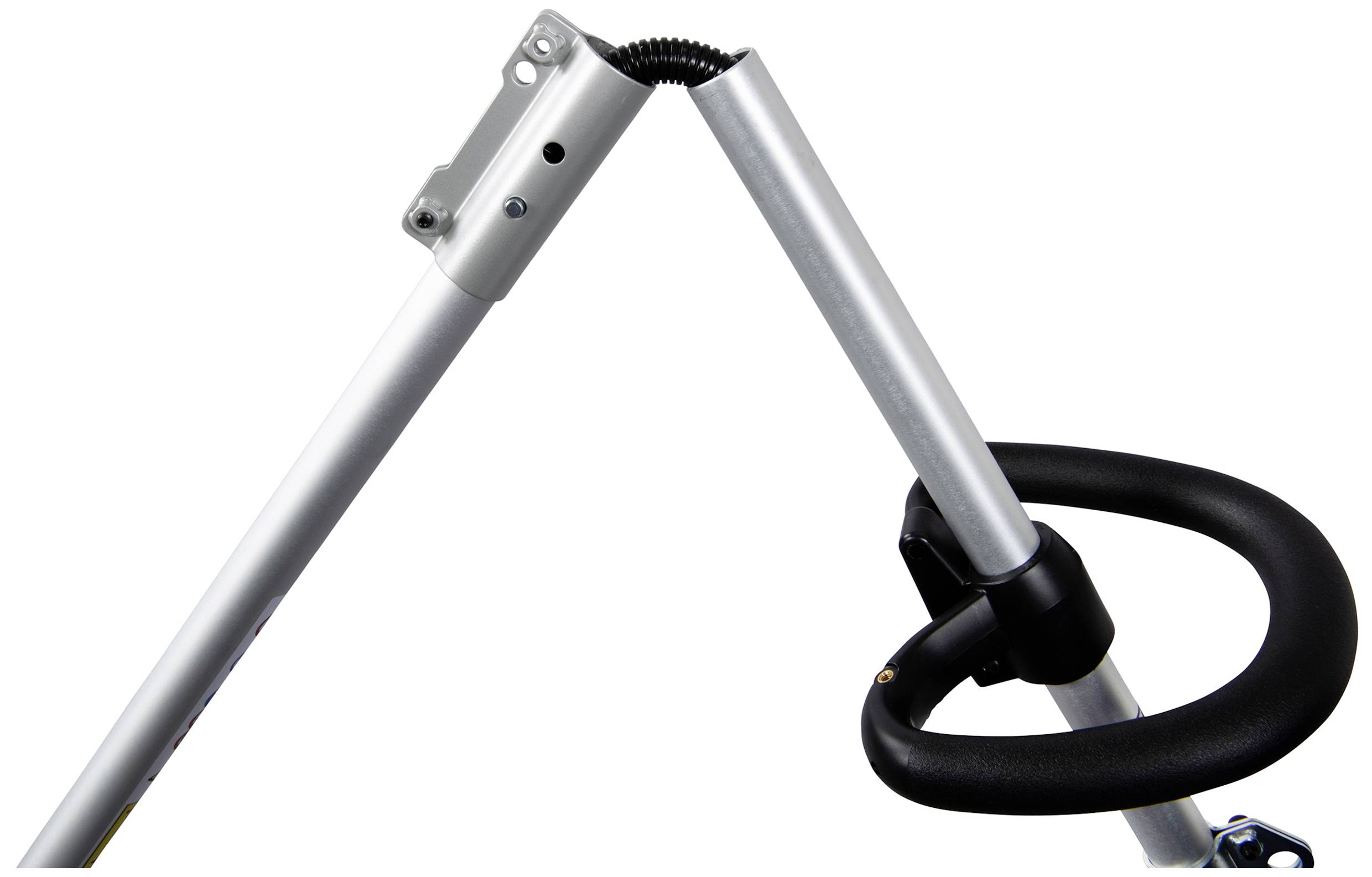 Close-up of an angled metal bar mechanism with a black handle, which is part of a tool or device.