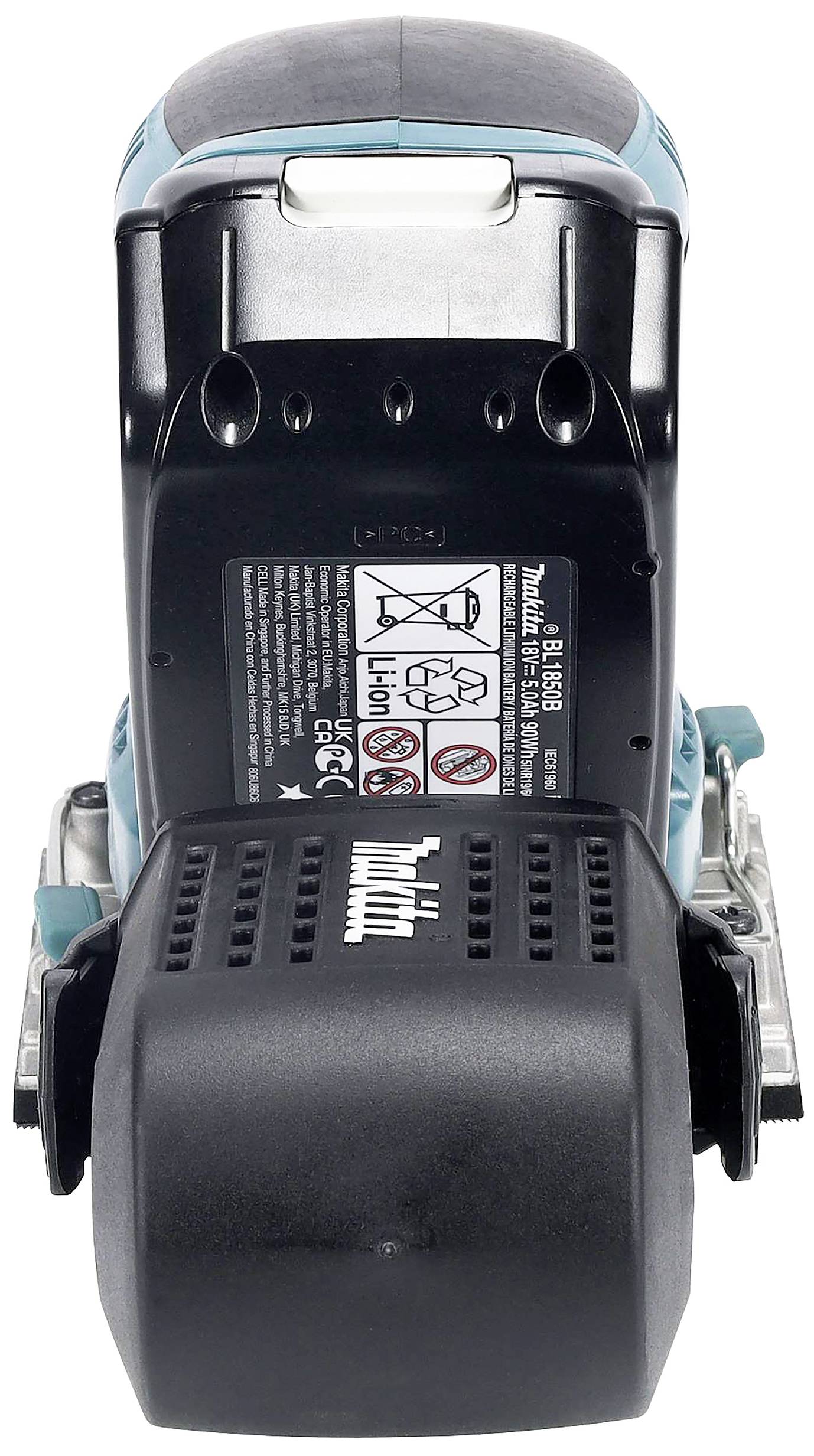 Electric hand tool with instruction label and battery compartment. Rear view shows handle and technical information.