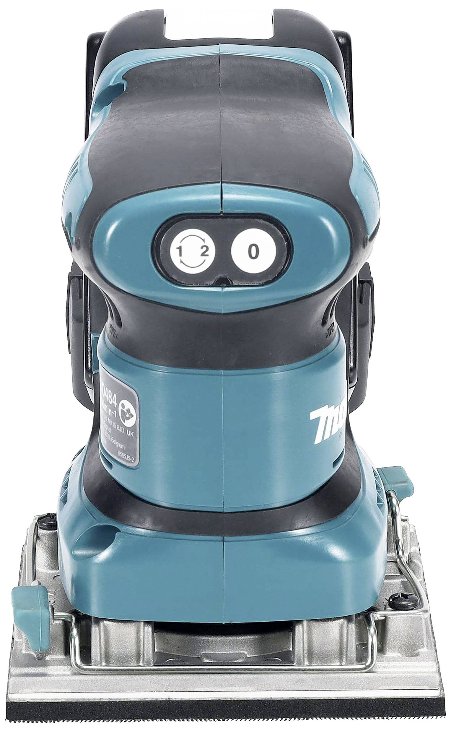 An electric hand sander with a blue casing, two control buttons and a removable sanding pad, suitable for woodworking.