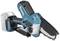Battery-powered, compact chainsaw by Makita, with a blue and black casing and narrow saw blade, designed for convenient cutting tasks.