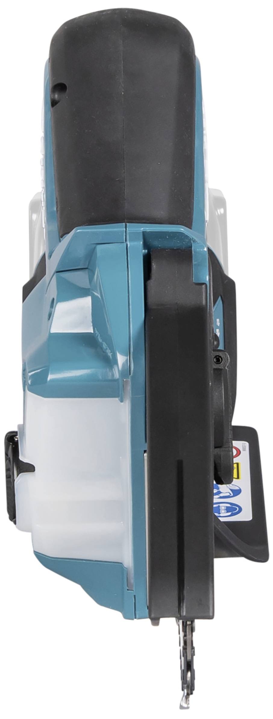 Cordless circular saw viewed from the side profile; the saw blade and handy grips are visible. Device finished in blue and black.