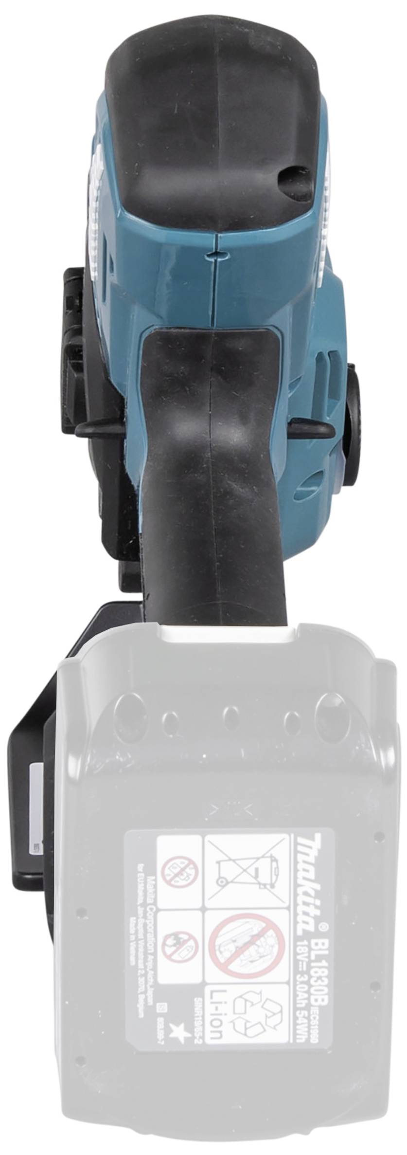 Electric power tool viewed from above, without a visible battery. The main colour is turquoise with a black handle.