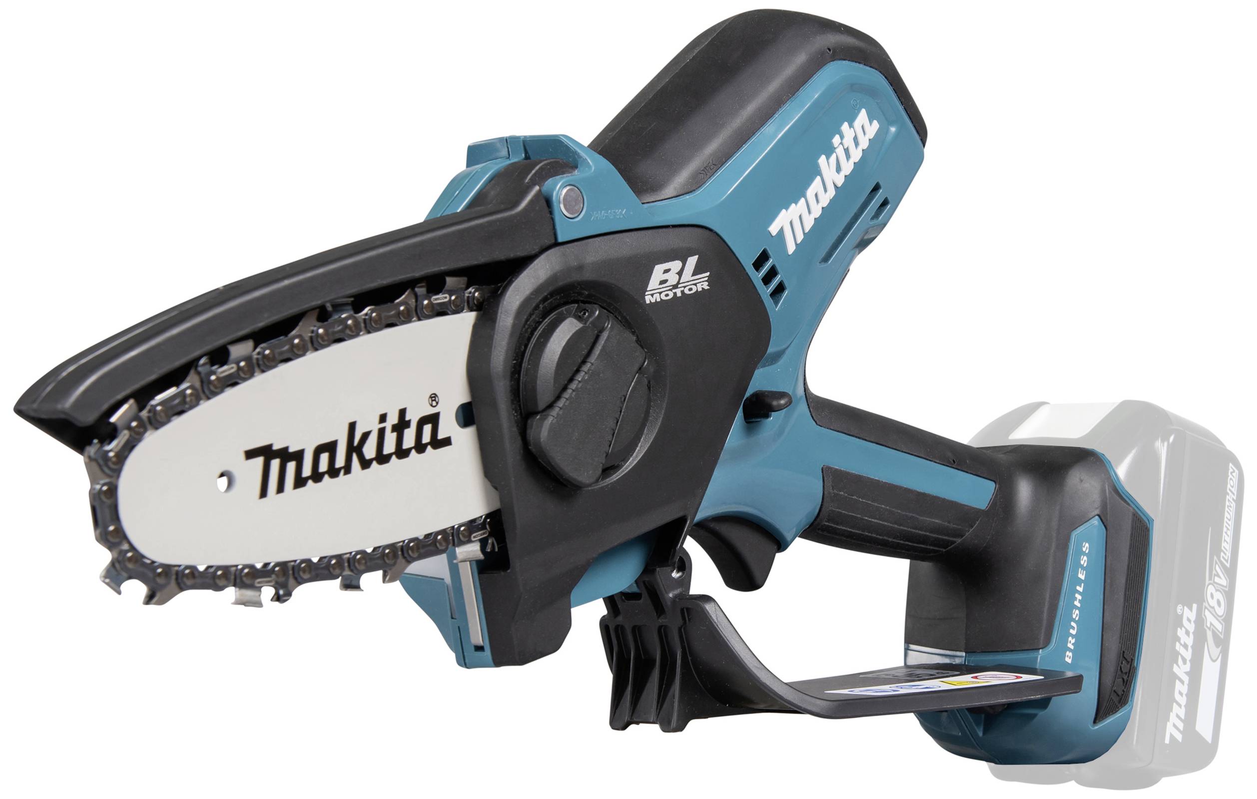 Battery-powered hand chainsaw in blue and black. 'Makita' logo visible. Suitable for light cutting work in garden and DIY projects.