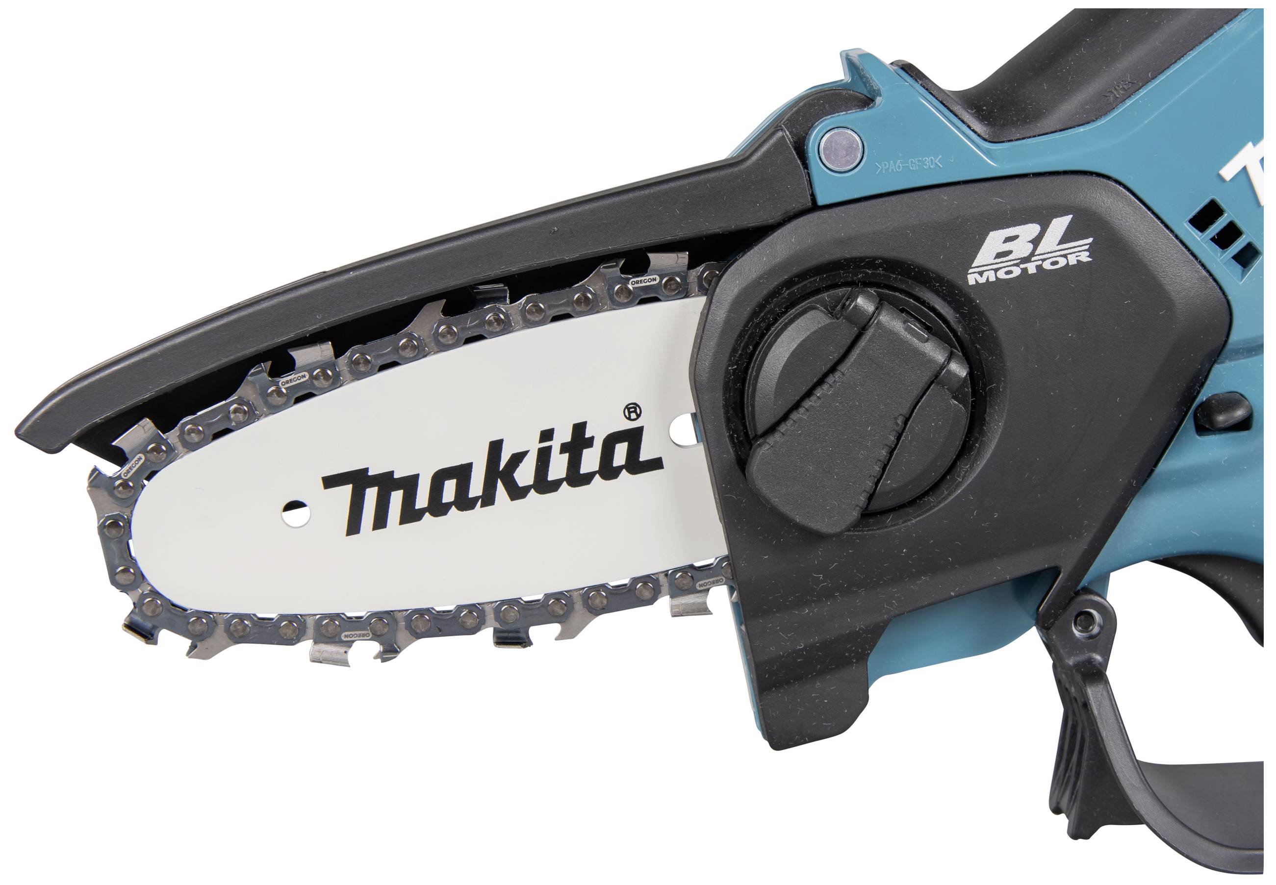 Chainsaw with blue casing and black chain, brand 'Makita'.