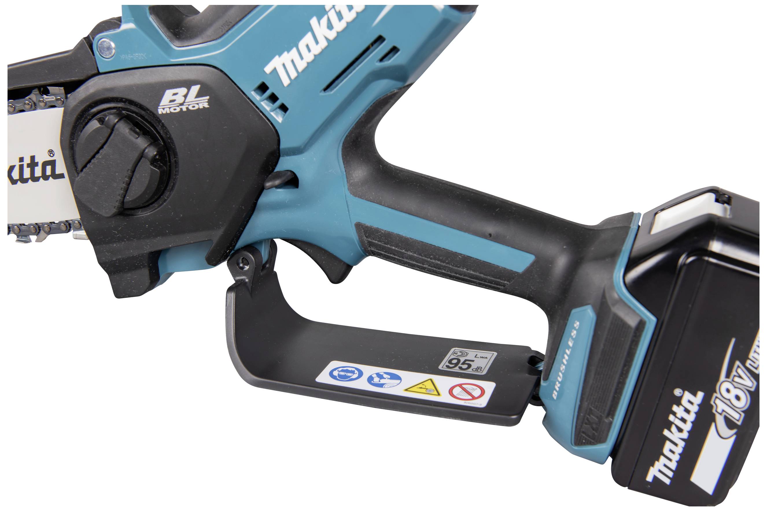 Key features of a user-friendly, compact chainsaw model with an electric motor and lightweight battery operation.