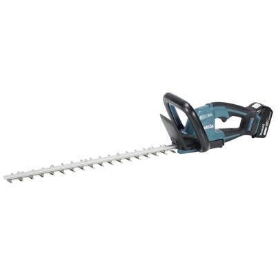 Battery-powered hedge trimmer with an ergonomic handle and long cutting blade, suitable for precise hedge trimming.