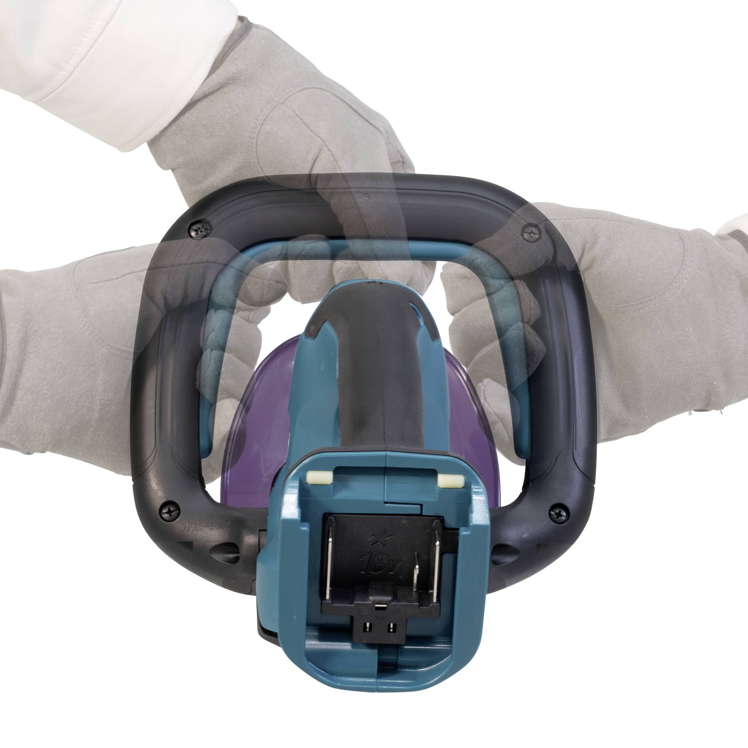 Two hands wearing grey gloves are holding an electrical device with a blue casing and black handle. The device appears to be designed to assist with gardening work.