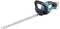A cordless hedge trimmer with a blue and black casing, long metal cutting blade, and ergonomic handle.