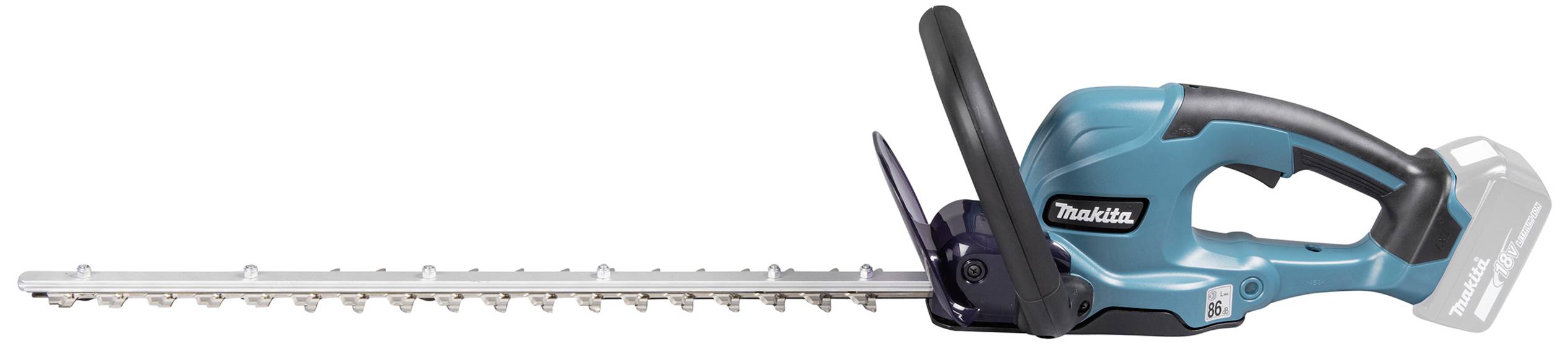 Battery-powered hedge trimmer in blue-black with a long cutting blade. It has an ergonomic handle and is ideal for garden work.