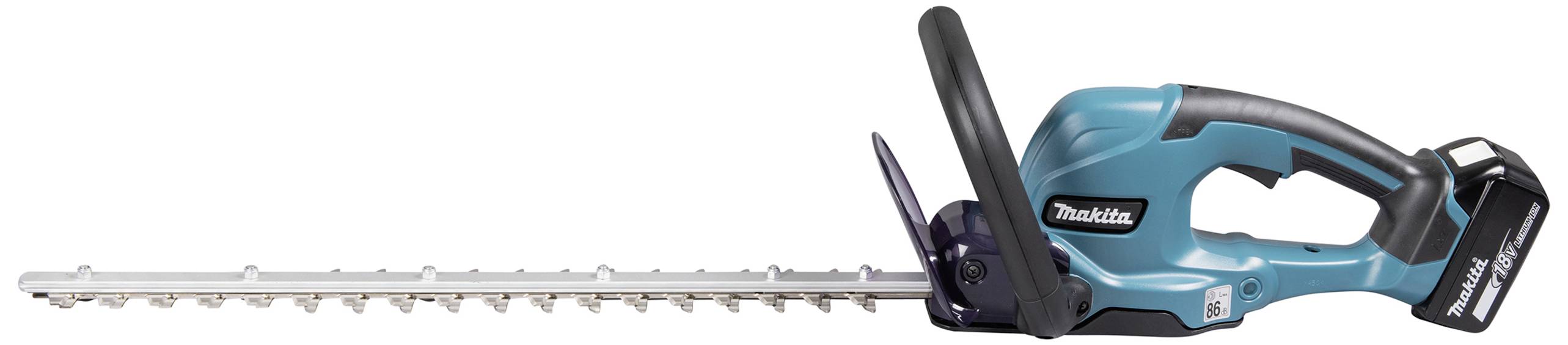 Cordless Hedge Trimmer: Blue, handheld electric hedge trimmer with long blades, suitable for cutting shrubs and hedges.