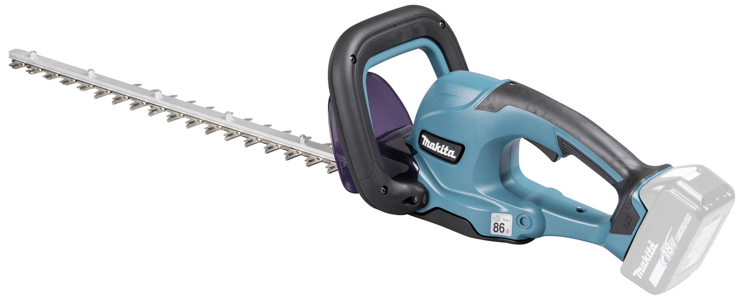 Electric hedge trimmer with a blue casing and black handle, without battery inserted. Suitable for garden work.