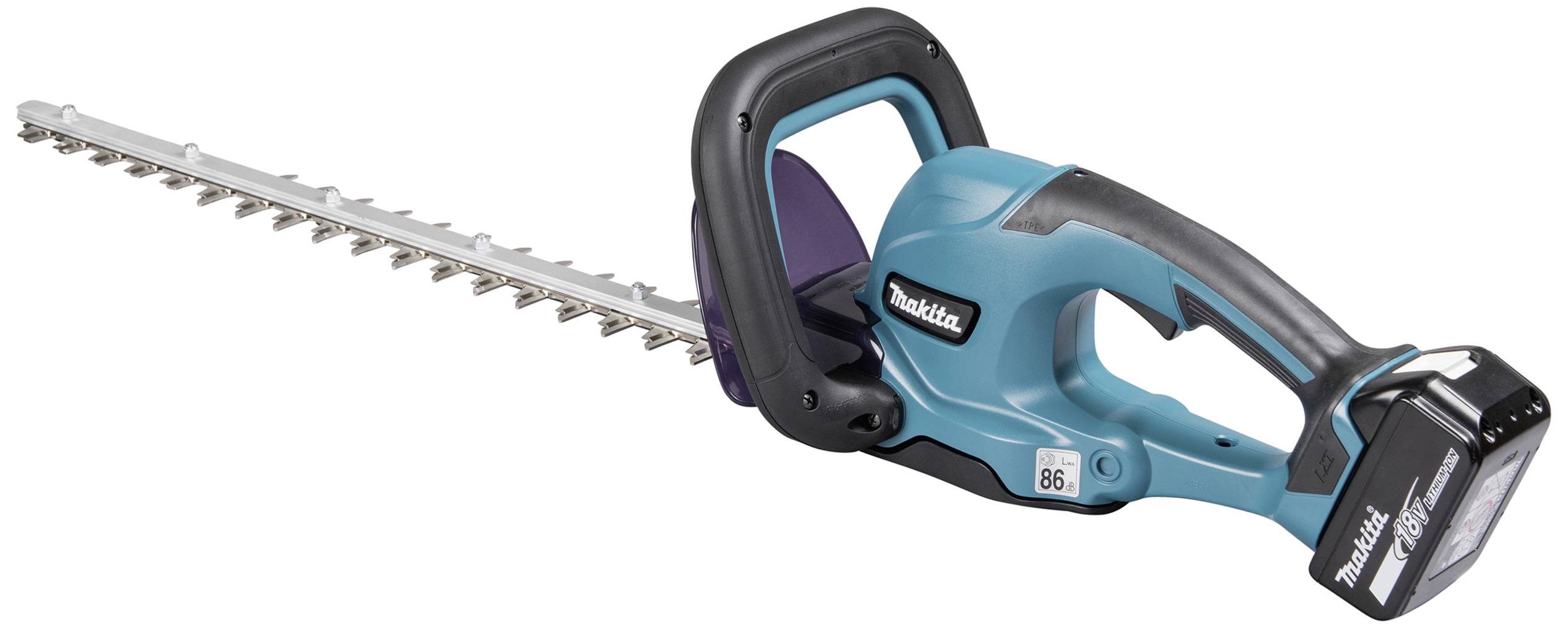 Cordless hedge trimmer with blue-black handle and efficient cutting blade, perfect for precise trimming in the garden.
