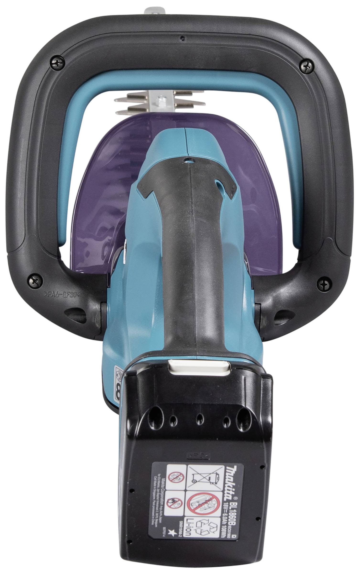 Cordless hedge trimmer in blue with a black handle and warning sticker, shown from the front.