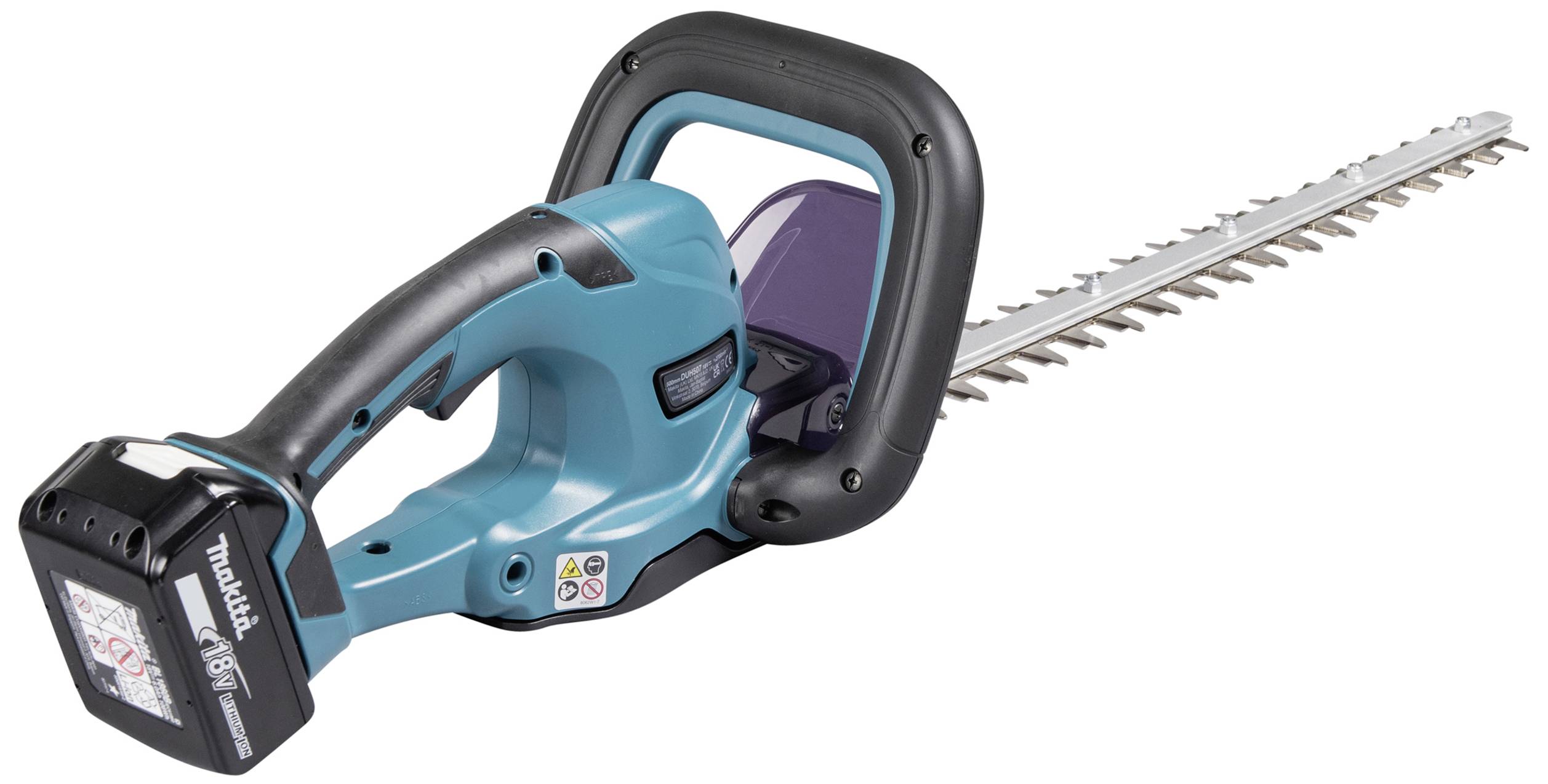 Battery-powered hedge trimmer with a blue casing and black handle. Cutting blade visible on the right, battery on the left.