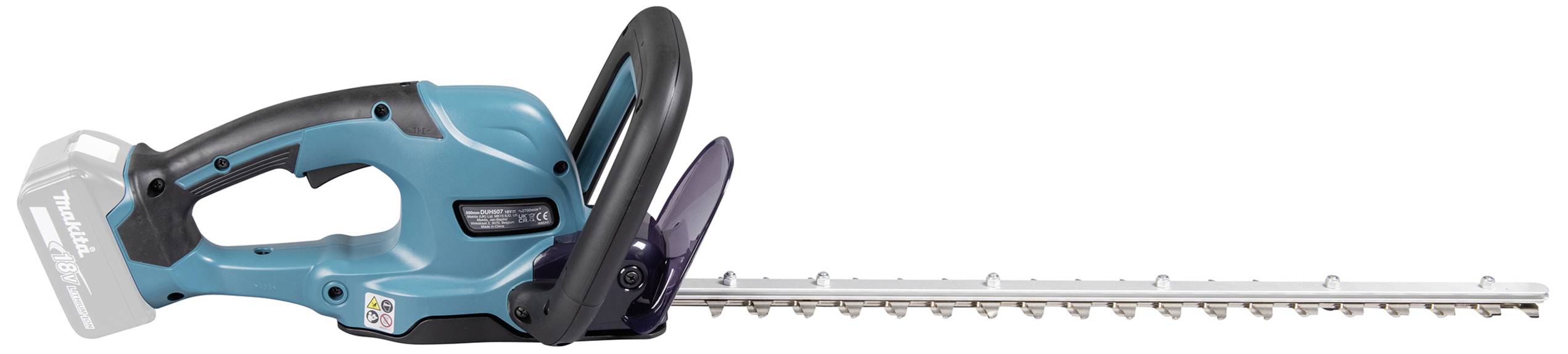 Electric hedge trimmer with a blue casing and black handle, without a visible battery, positioned horizontally.