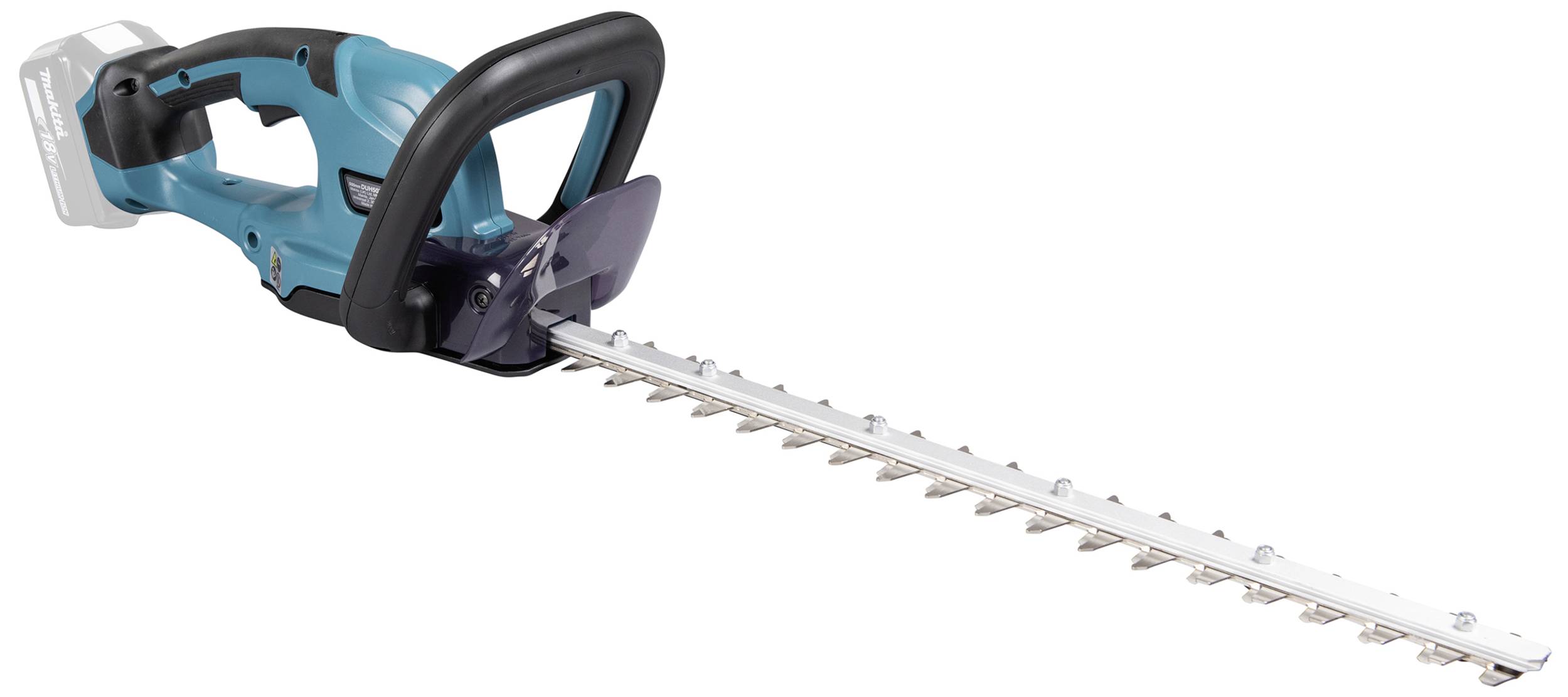 Electric hedge trimmer with blue handle and long silver cutting blade, positioned sideways.