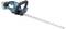 Electric hedge trimmer with blue handle and long silver cutting blade, positioned sideways.
